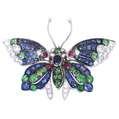 Butterfly Pendant Brooch Sapphires Emeralds Rubies Diamonds, 1930 Butterfly Pendant Brooch Sapphires Emeralds Rubies Diamonds, 1930