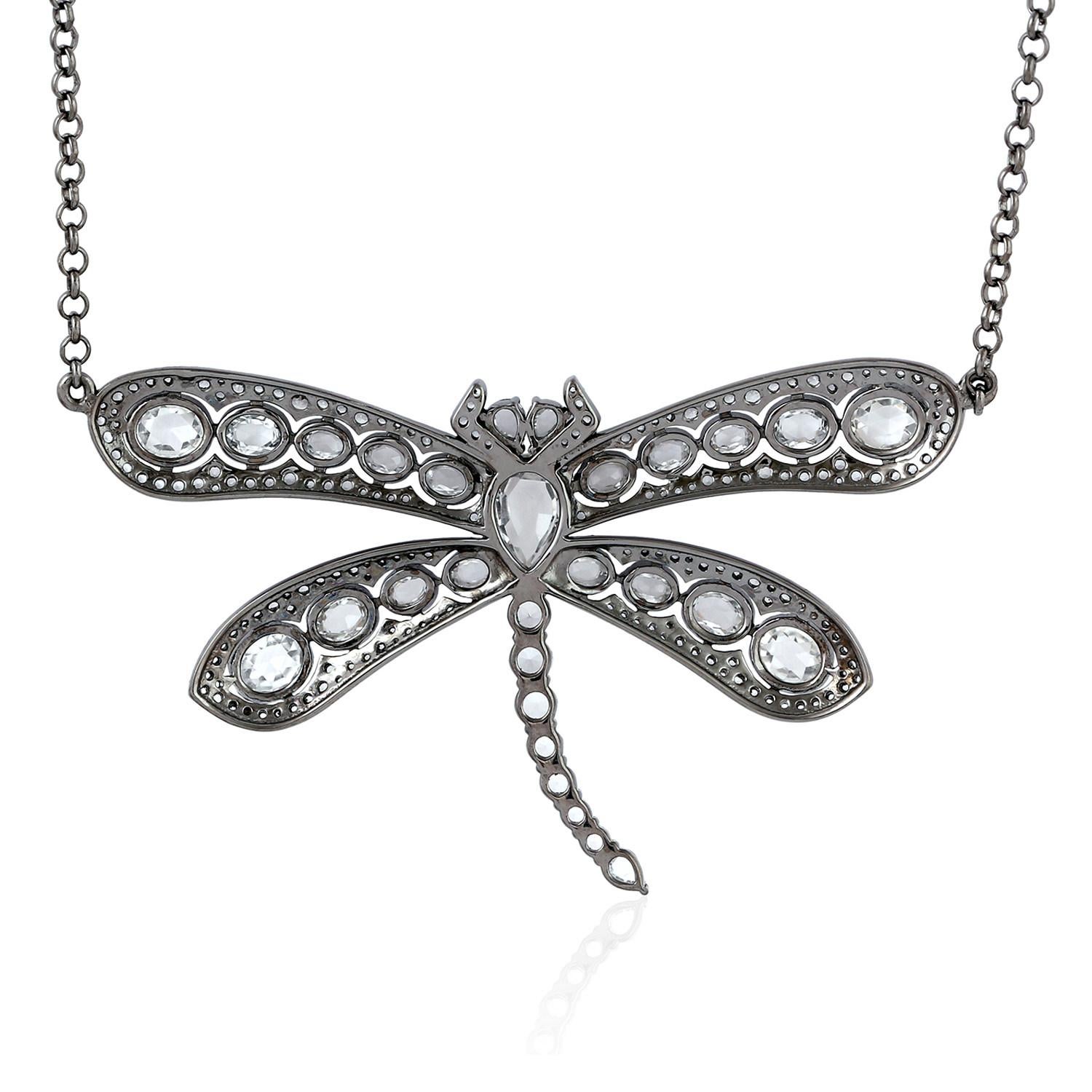 Artisan Butterfly Pendant Chain Necklace In Topaz Gemstones Made In Silver For Sale