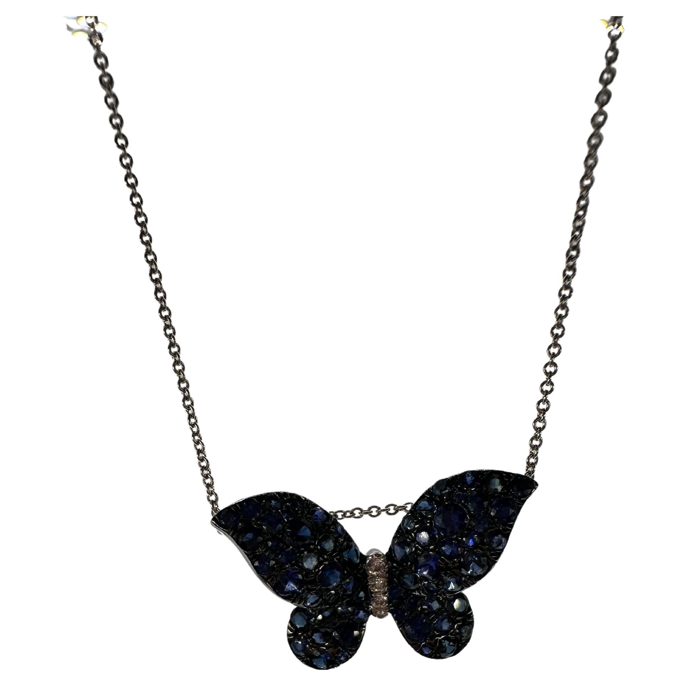 Large butterfly pendant necklace in 14KT white gold, 18 inches chain.

GOLD: 14KT gold
NATURAL DIAMOND(S)
Clarity/Color: VS/G
Carat:0.04ct
NATURAL SAPPHIRE(S)
Clarity/Color: Slightly Included/Blue
Grams:3.80
Item#: 160-00079 RRT

WHAT YOU GET AT
