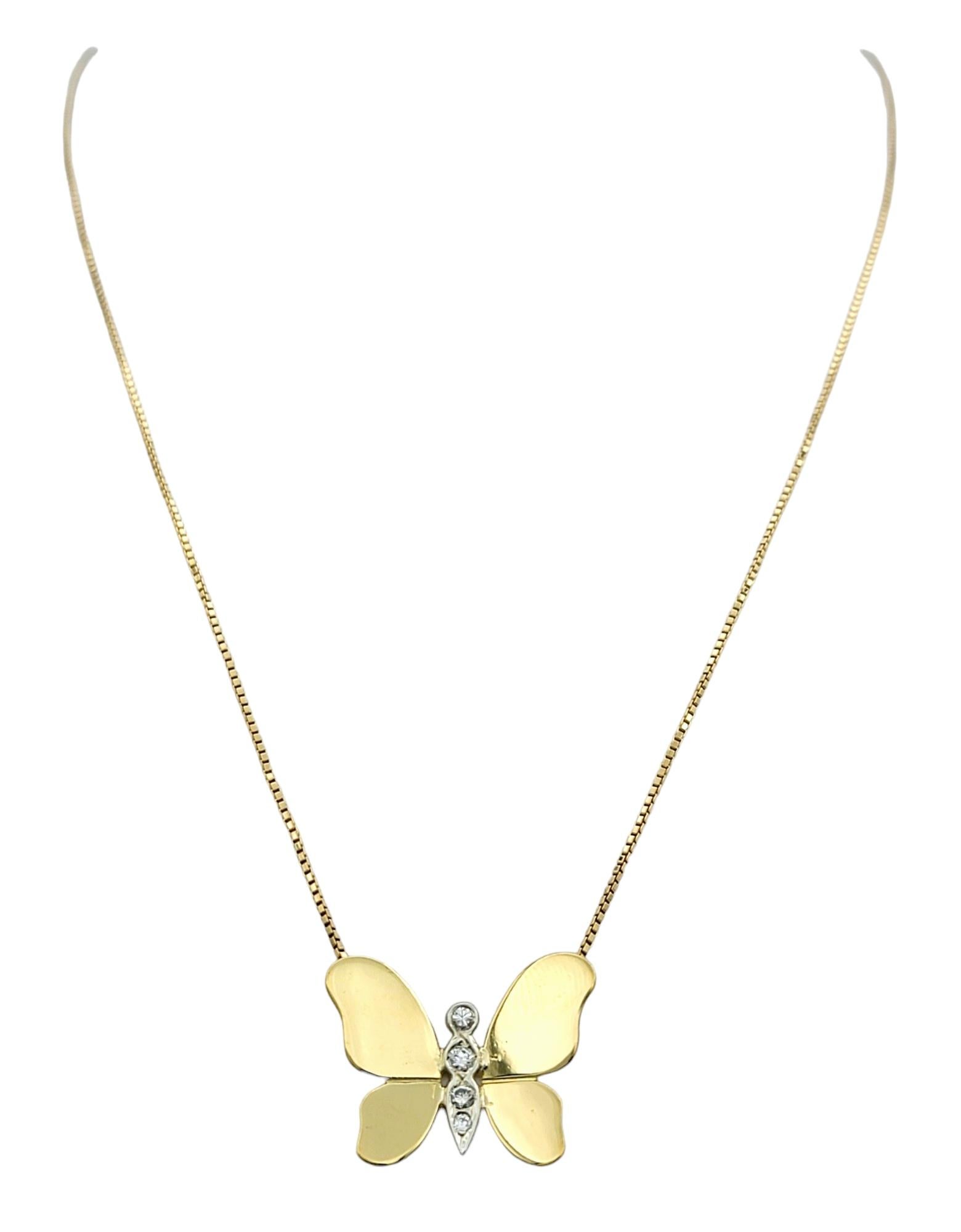 Contemporary Butterfly Pendant Necklace with Diamonds Set in Polished 18 Karat Yellow Gold For Sale