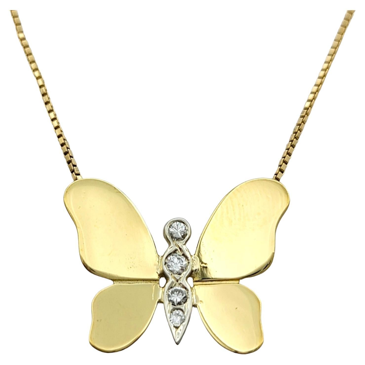 Butterfly Pendant Necklace with Diamonds Set in Polished 18 Karat Yellow Gold For Sale