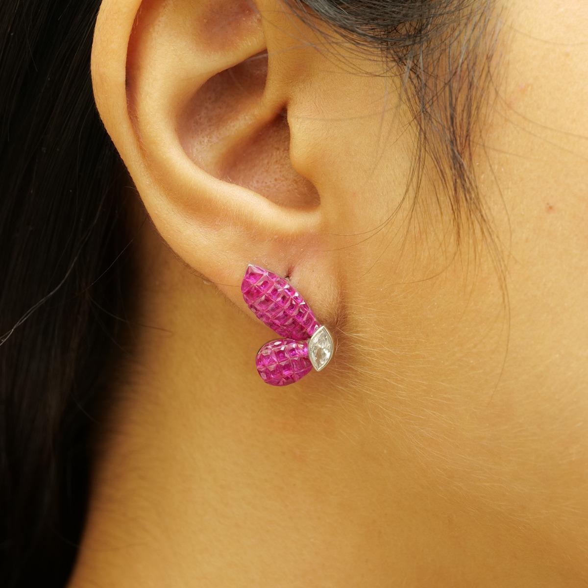 Art Déco Orecchini con diamante e zaffiro rosa Butterfly in oro massiccio 14K (certificati) in vendita