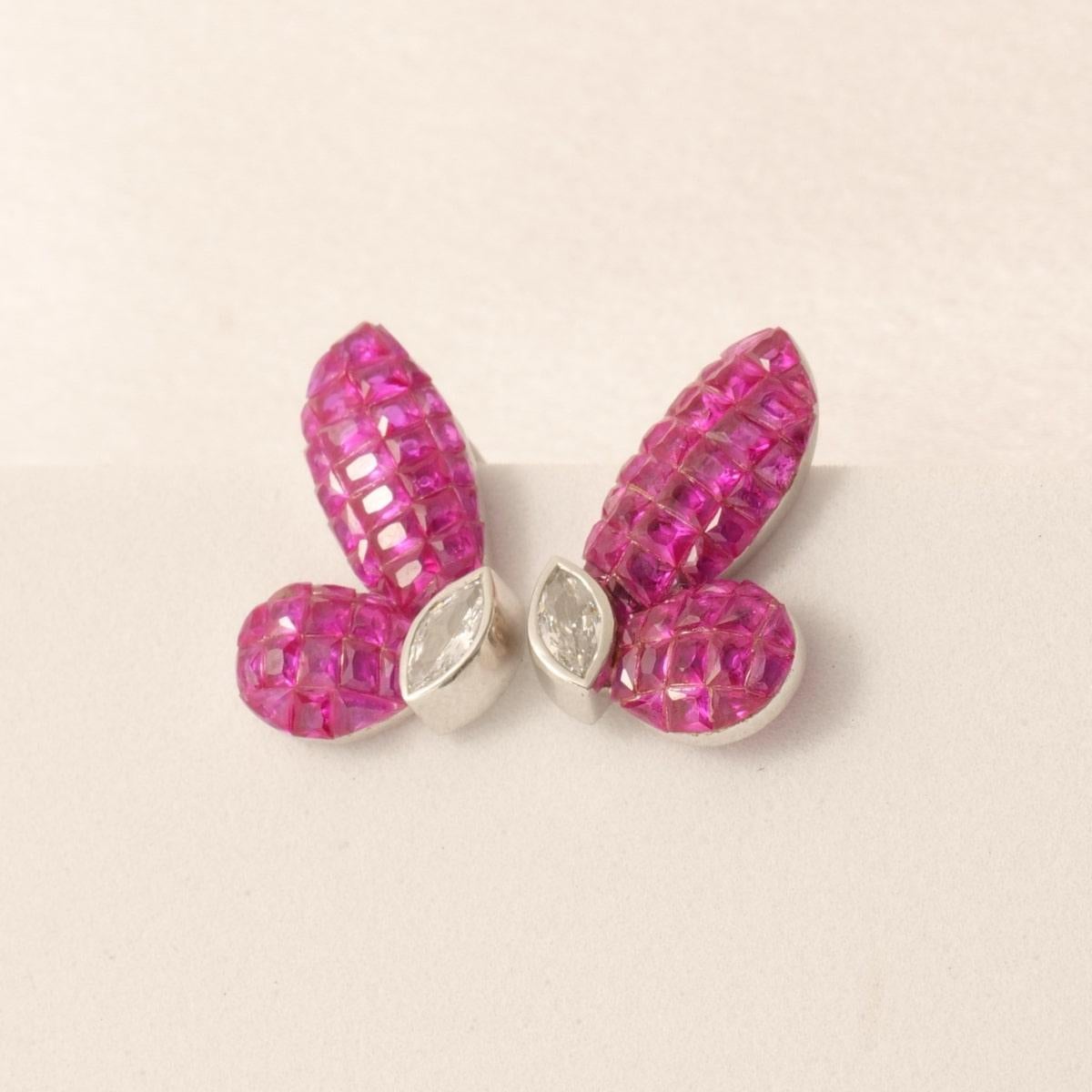 Butterfly Pink Sapphire Diamond Stud Earrings in 14K Solid Gold (Certified) For Sale 2