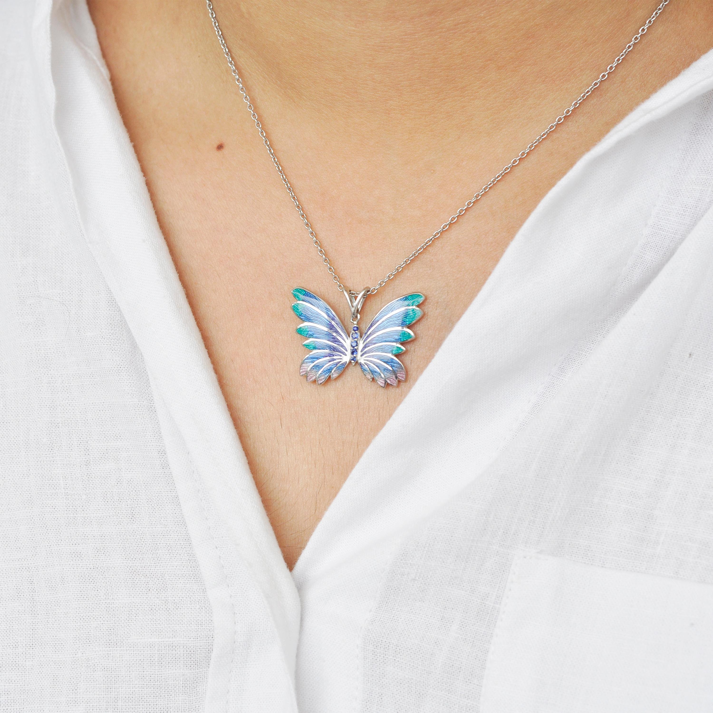 Contemporary Butterfly Plique-à-Jour Enamel Pendant Necklace Sterling Silver