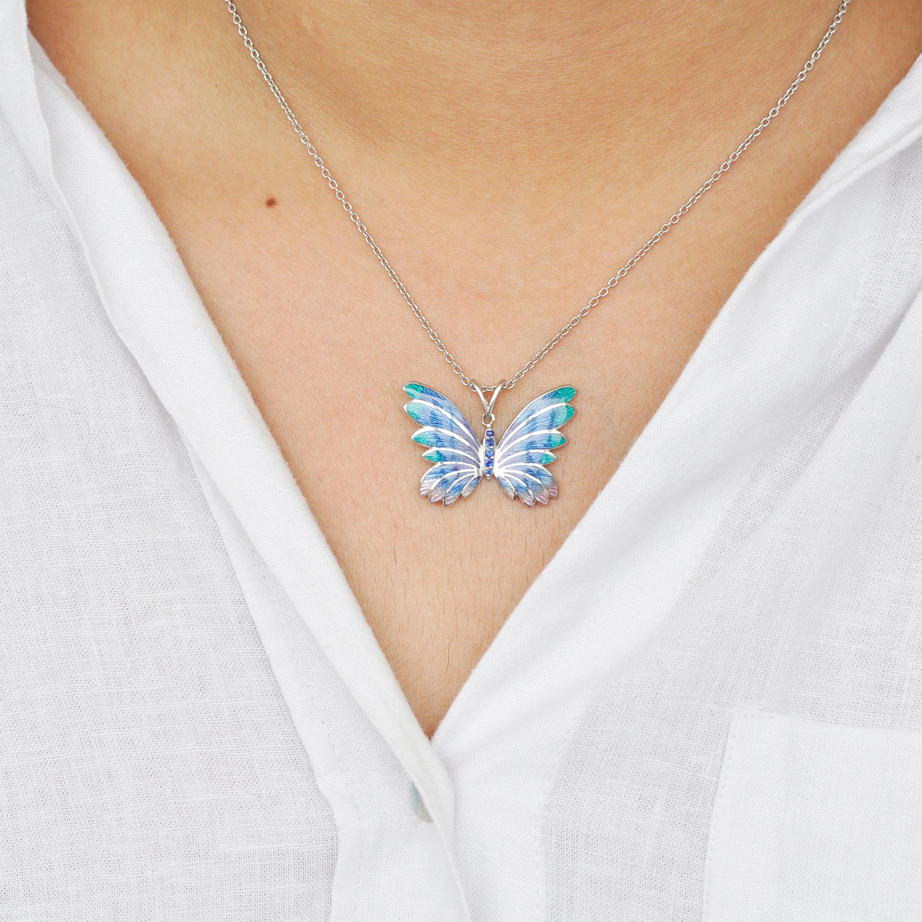 Butterfly Plique-à-Jour Enamel Pendant Necklace Sterling Silver In New Condition In Jaipur, Rajasthan