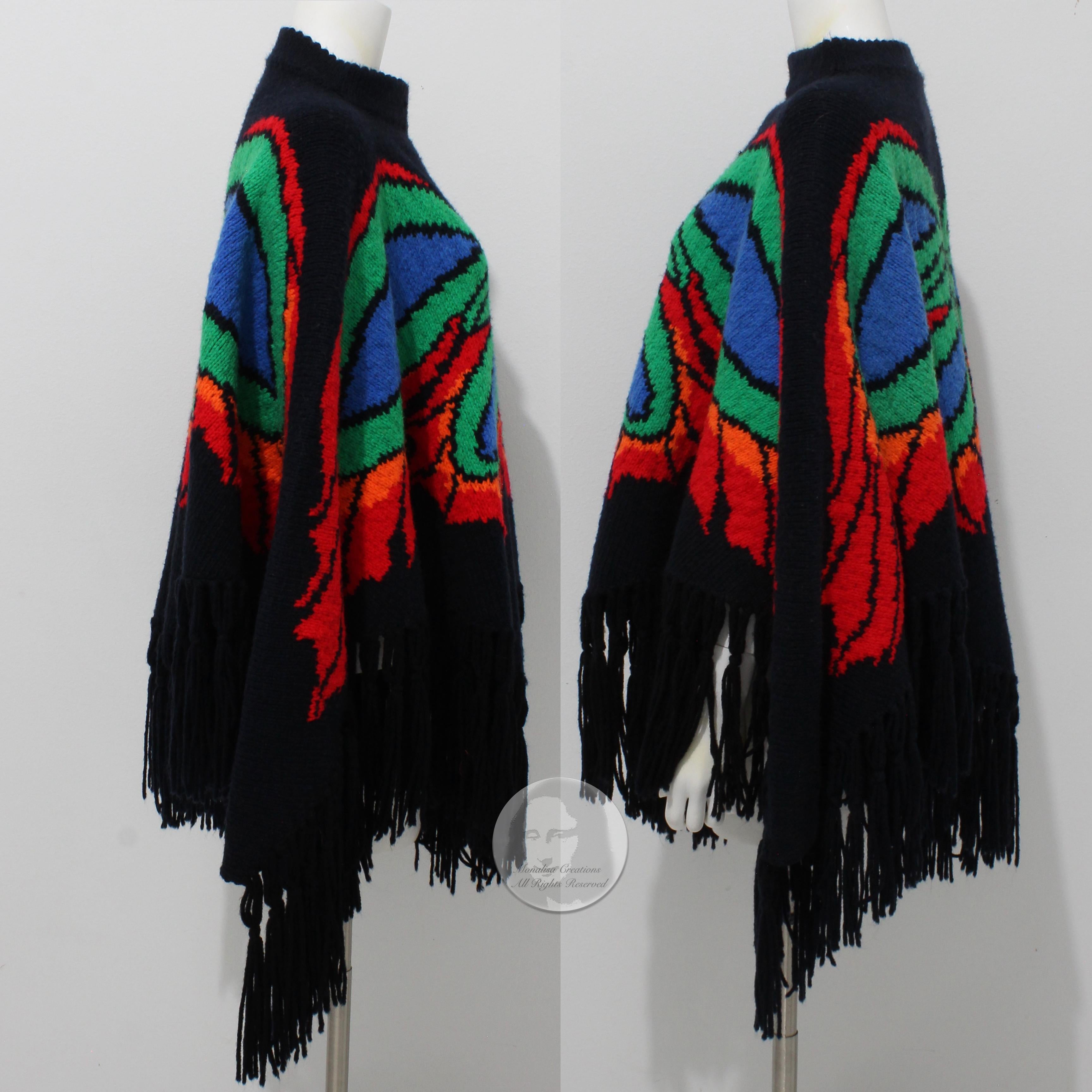 Women's or Men's Butterfly Poncho Multicolor Knit with Fringe Trim Pullover Style Vintage OSFM  For Sale