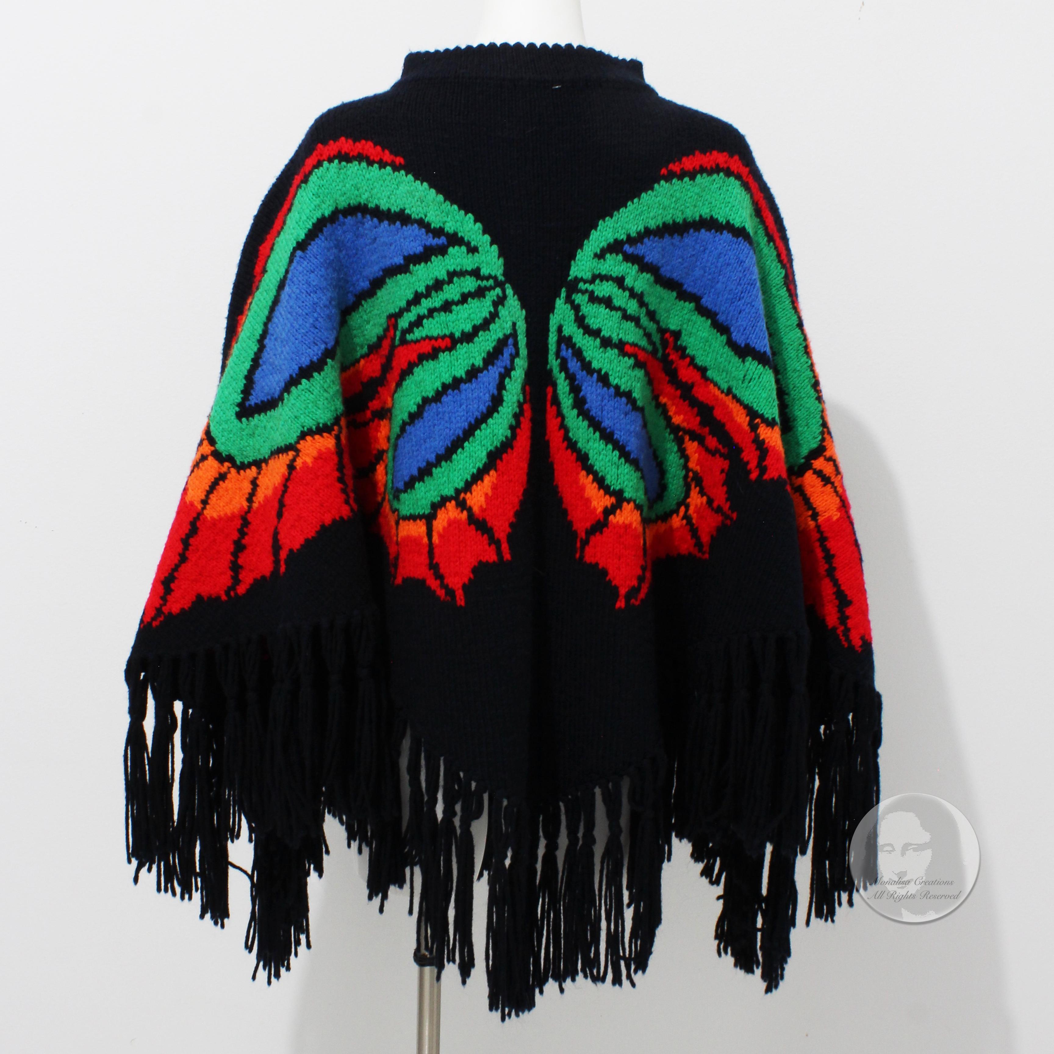 Butterfly Poncho Multicolor Knit with Fringe Trim Pullover Style Vintage OSFM  For Sale 1