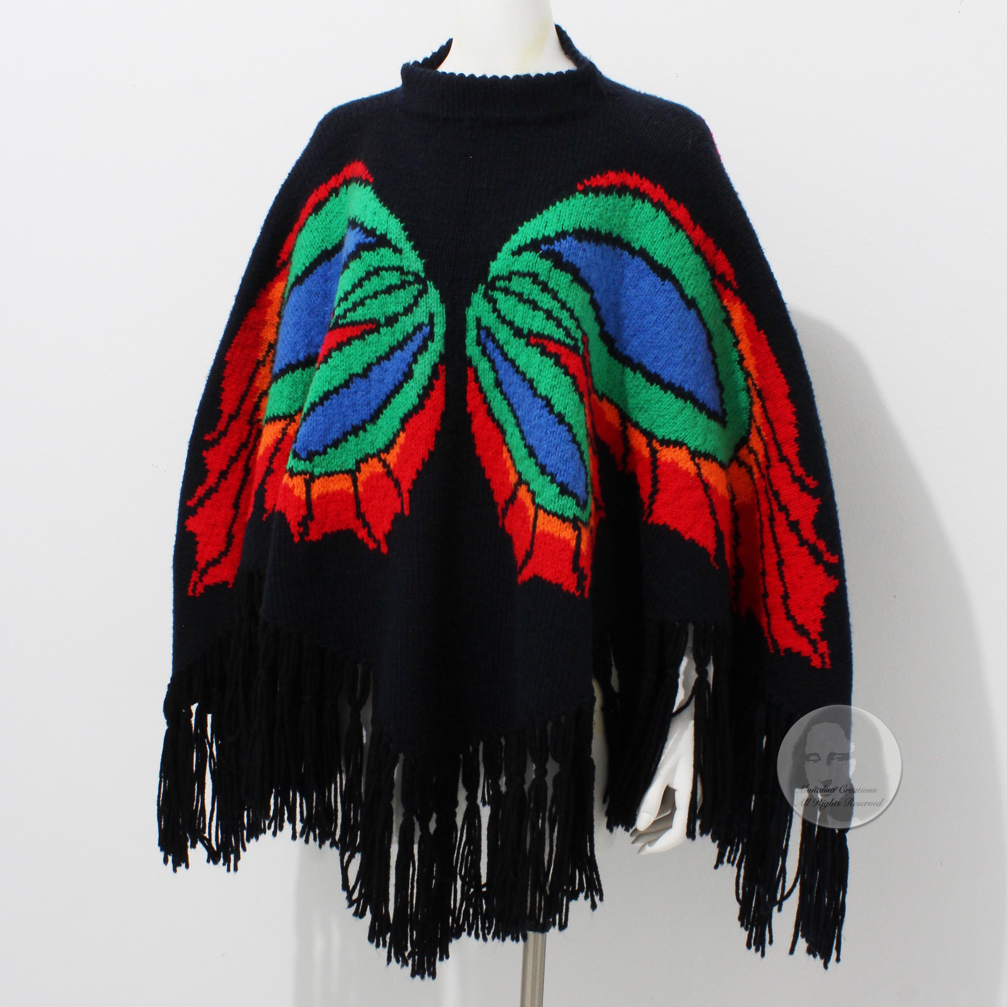 Butterfly Poncho Multicolor Knit with Fringe Trim Pullover Style Vintage OSFM  For Sale 2