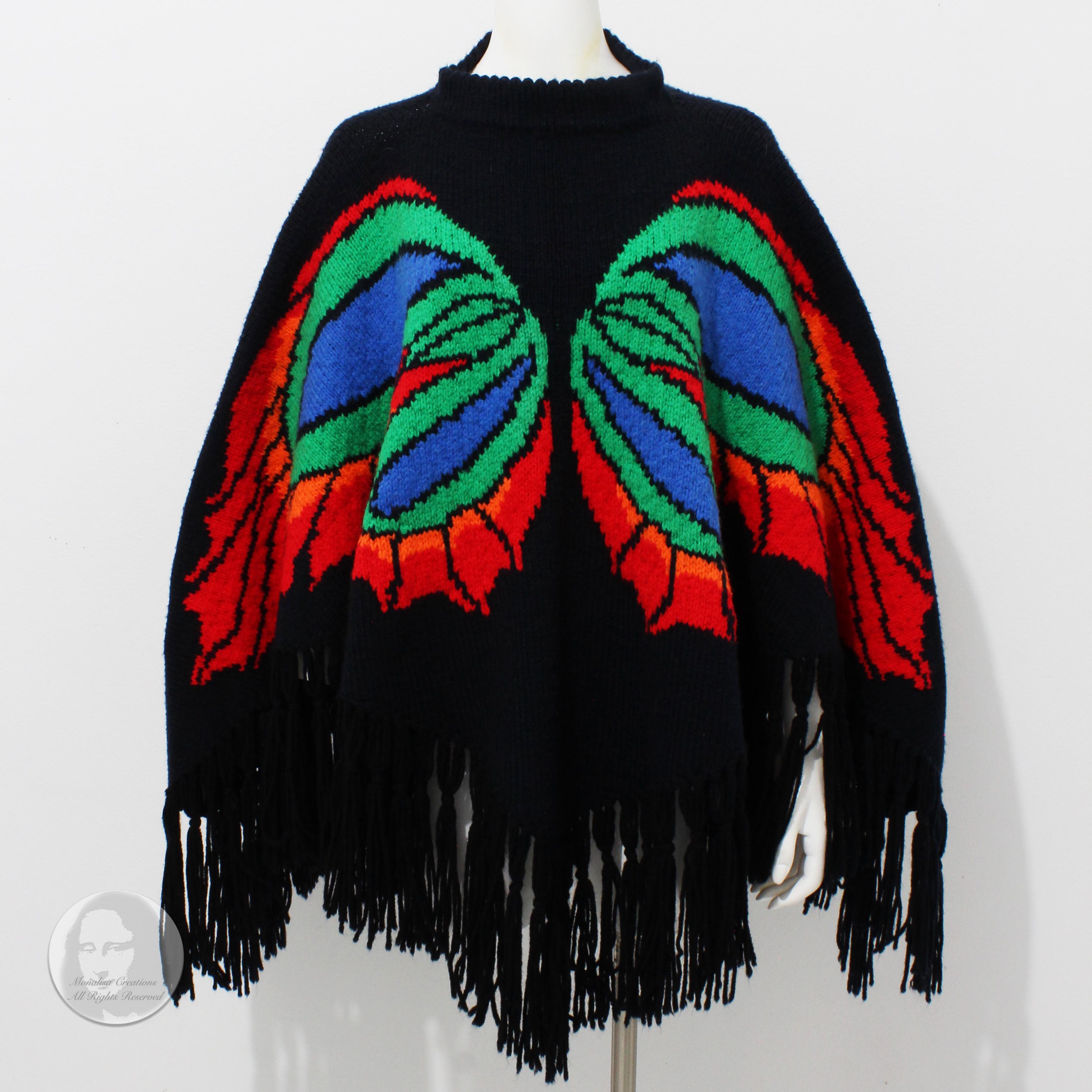 Butterfly Poncho Multicolor Knit with Fringe Trim Pullover Style Vintage OSFM  For Sale 3