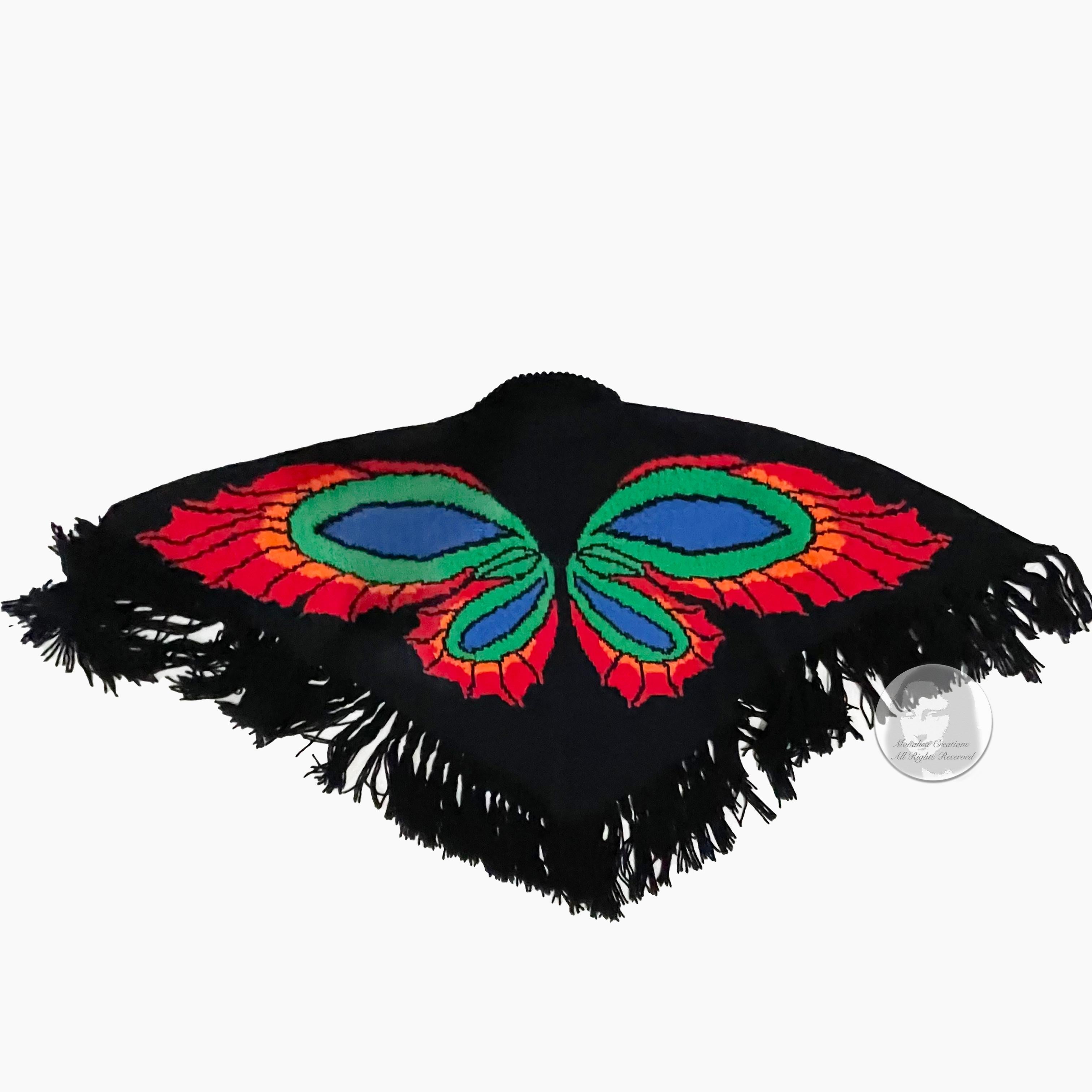 Butterfly Poncho Multicolor Knit with Fringe Trim Pullover Style Vintage OSFM  For Sale 4