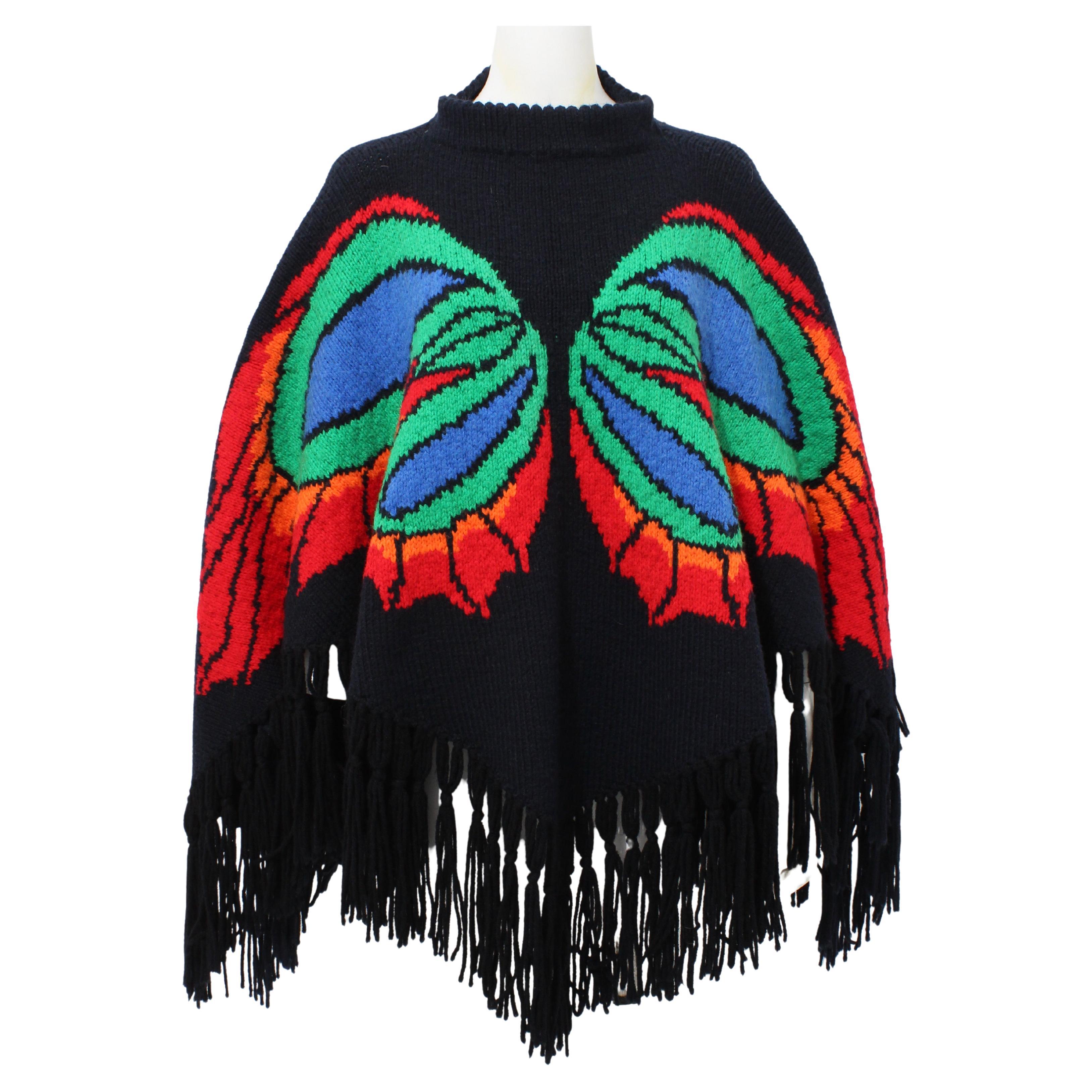 Butterfly Poncho Multicolor Knit with Fringe Trim Pullover Style Vintage OSFM  For Sale