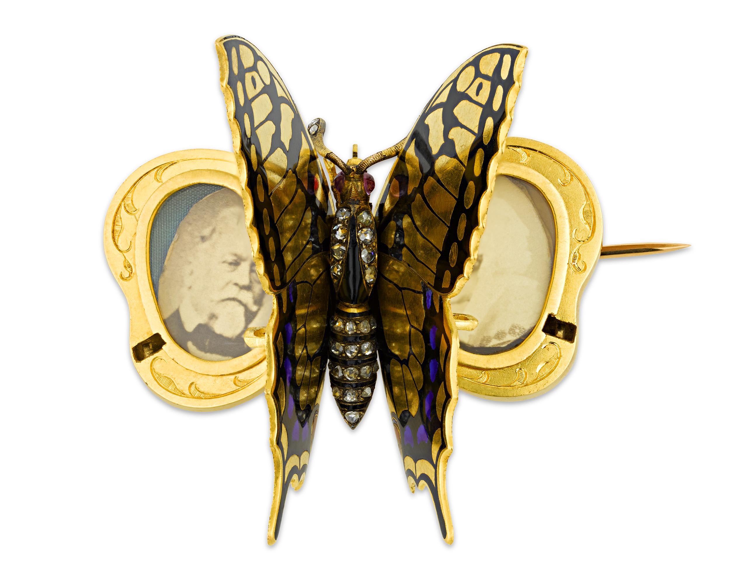 This extraordinary butterfly brooch, crafted of gold, enamel and diamonds, hides a secret within. The colorful hinged wings spring open to reveal a double locket. The 19th-century brooch takes the form of a highly naturalistic butterfly comprised of