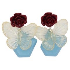 Butterfly Red Rose Sky Blue Antique Retro Elegant Chunky Dangle Clip On Earrings