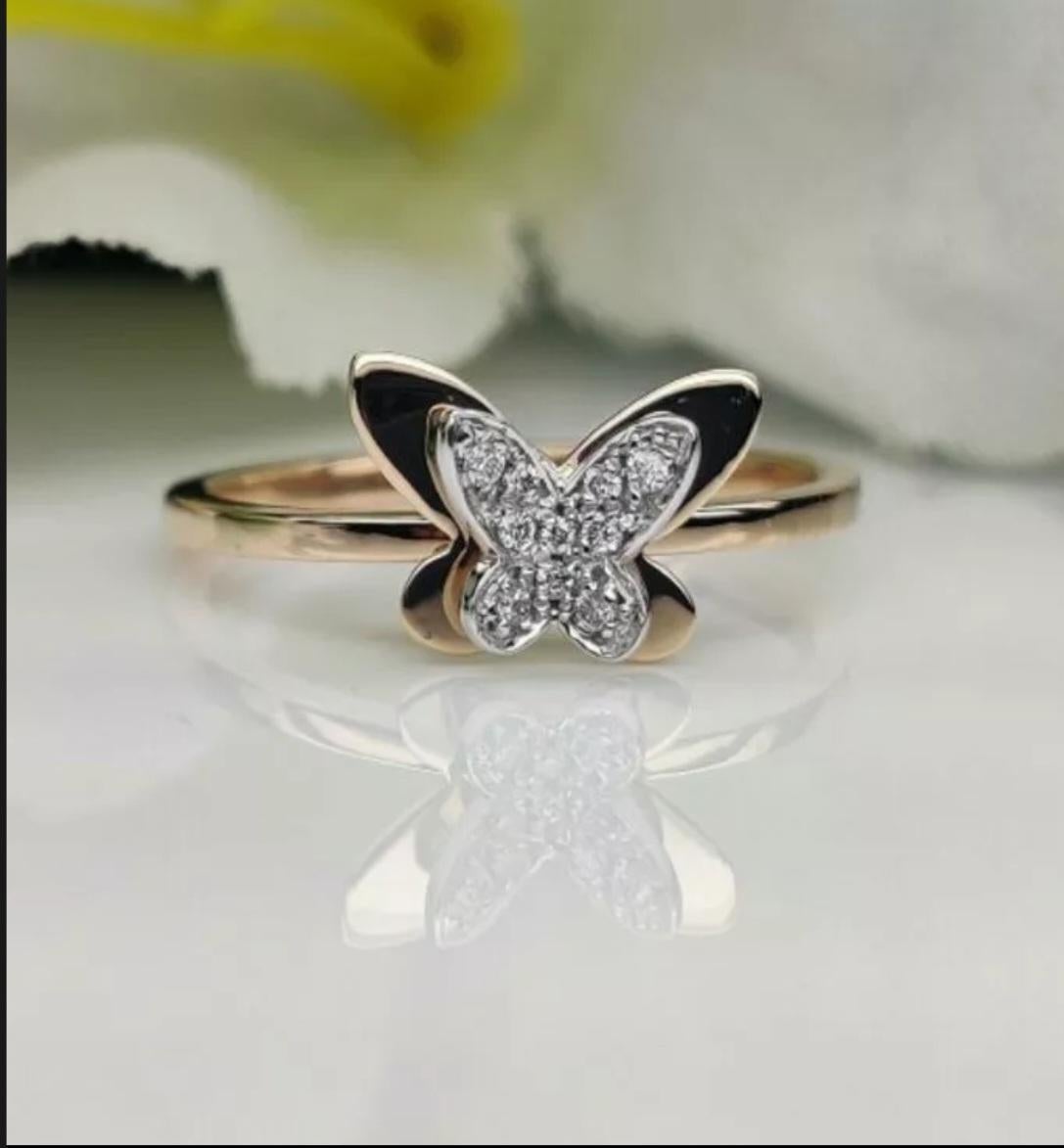 Round Cut Butterfly Ring 14k Gold Diamond Butterfly Band Natural Diamond Birthday Gift. For Sale