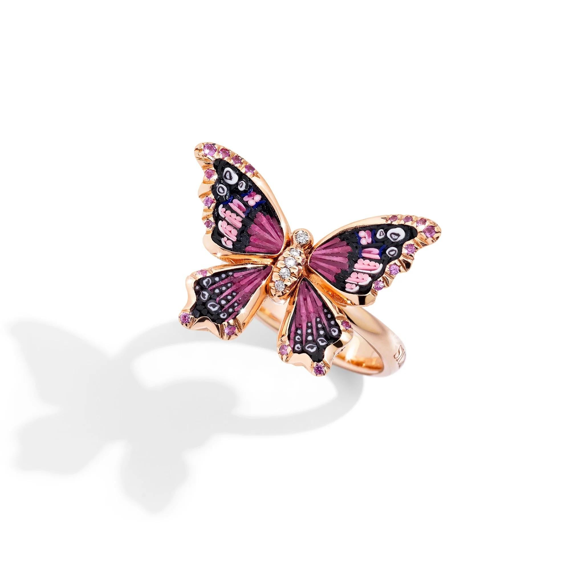 Im Angebot: Schmetterlingsring, Gold, 18 Karat Weiße Diamanten, rosa Saphir, mit Mikromosaik verziert () 2