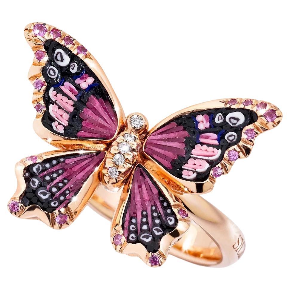 For Sale:  Butterfly Ring Gold 18k White Diamonds Pink Sapphire Decorated with MicroMosaic