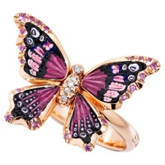 Butterfly Ring Gold 18k White Diamonds Pink Sapphire Decorated with MicroMosaic
