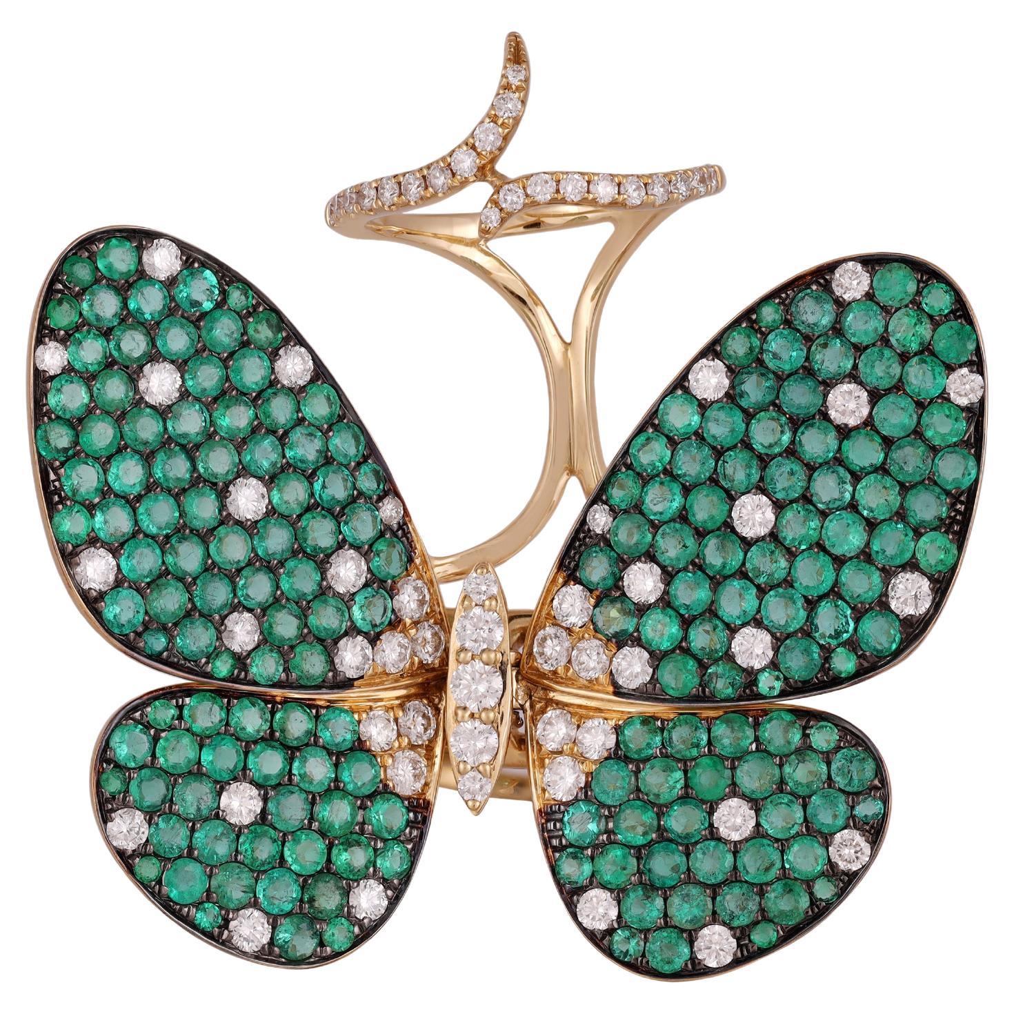 Butterfly Ring In Emerald & Diamond in 18K Yellow  Gold For Sale