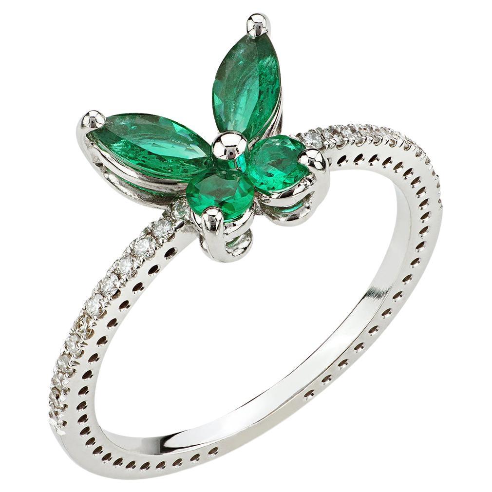 18 Carat White Gold, Diamonds and Emeralds, Butterfly Ring, Leonori jewelry For Sale