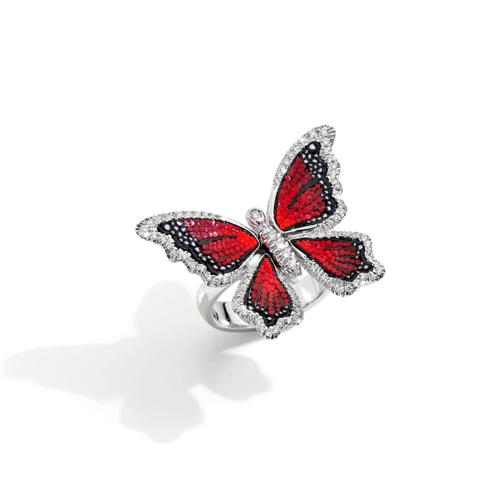 Butterfly Ring in White Gold with White Diamonds and Micromosaic (Rundschliff) im Angebot