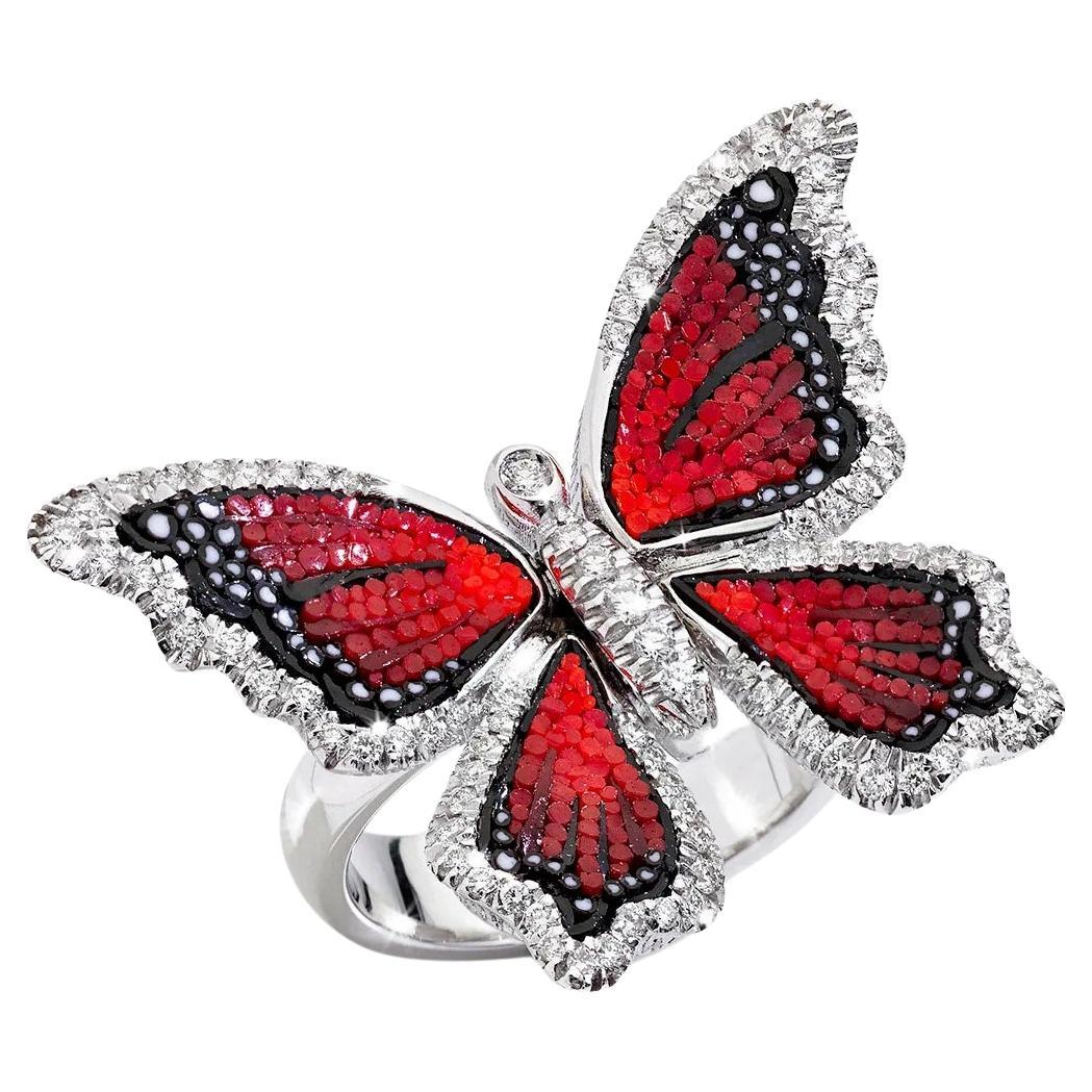 Butterfly Ring in White Gold with White Diamonds and Micromosaic