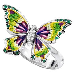 Butterfly Ring White Gold White Diamonds Emeralds Hand Decorated with Micromosai