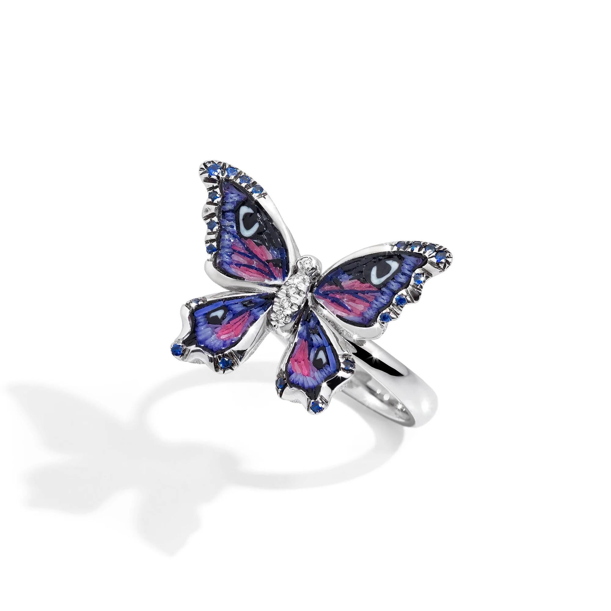 Im Angebot: Schmetterling-Ring Weißgold Weiße Diamanten Blaue Smaragde mit Mikromosaik verziert () 2
