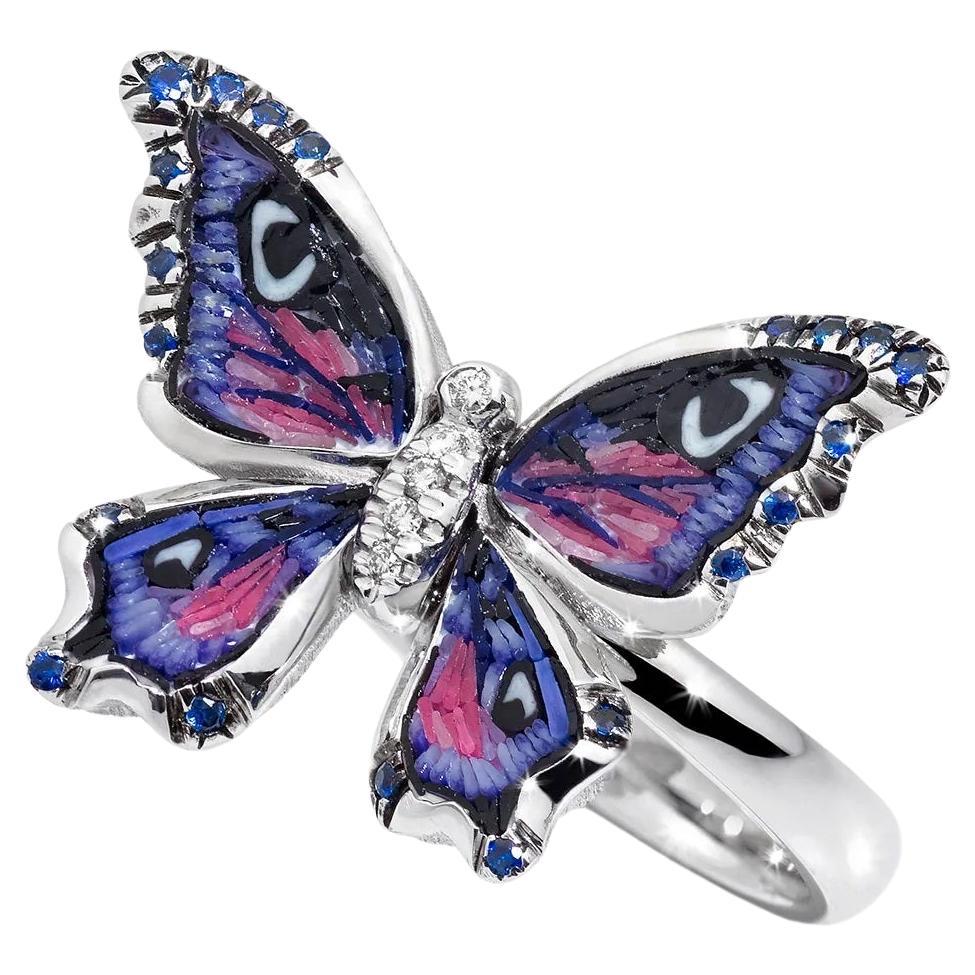 Im Angebot: Schmetterling-Ring Weißgold Weiße Diamanten Blaue Smaragde mit Mikromosaik verziert ()