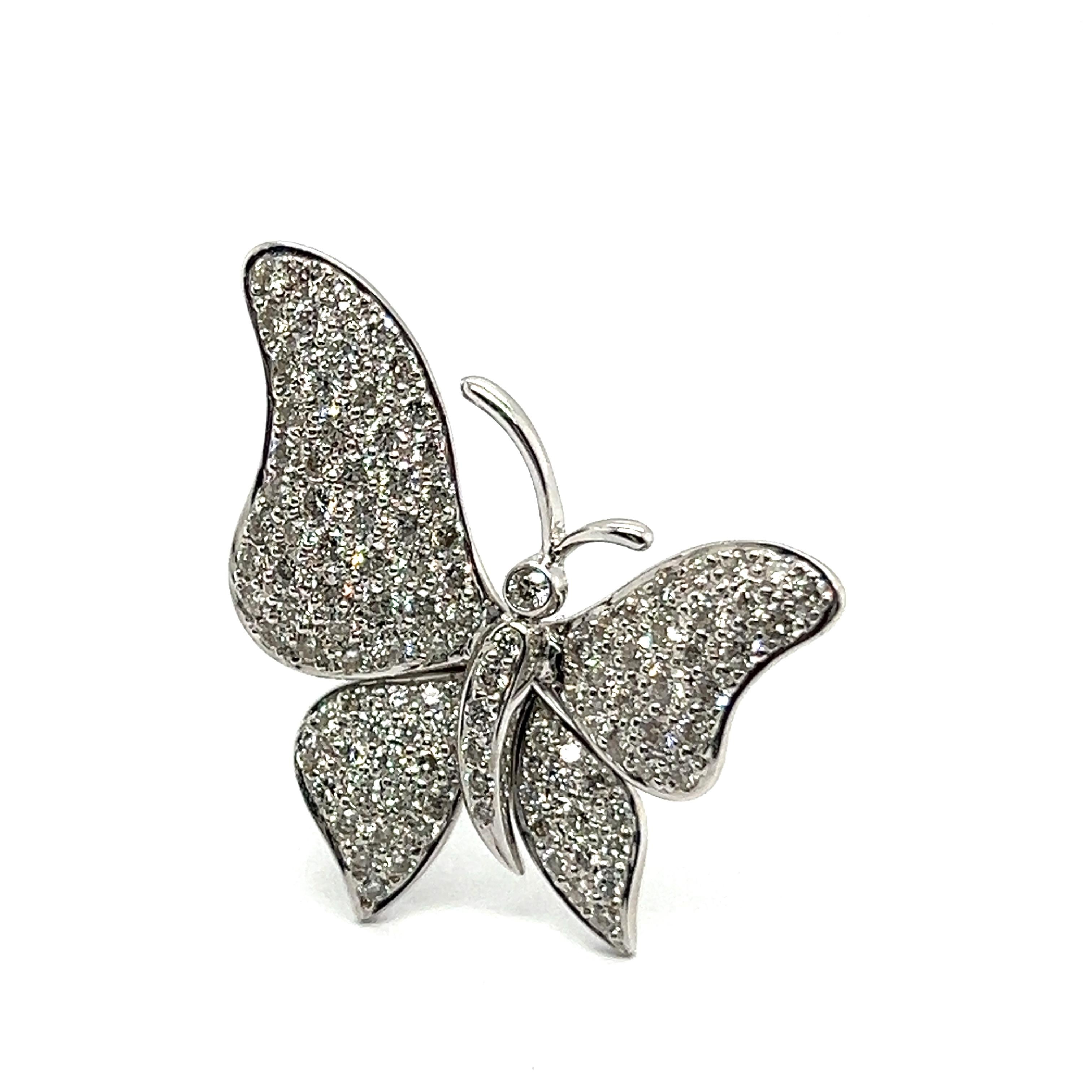 Introducing our charming butterfly-inspired ring, crafted in 18 Karat white gold. Adorned with 116 diamonds totaling 1.67 carats, it sparkles with every flutter. 

Symbolizing grace and lightness, the butterfly motif adds a whimsical touch to any