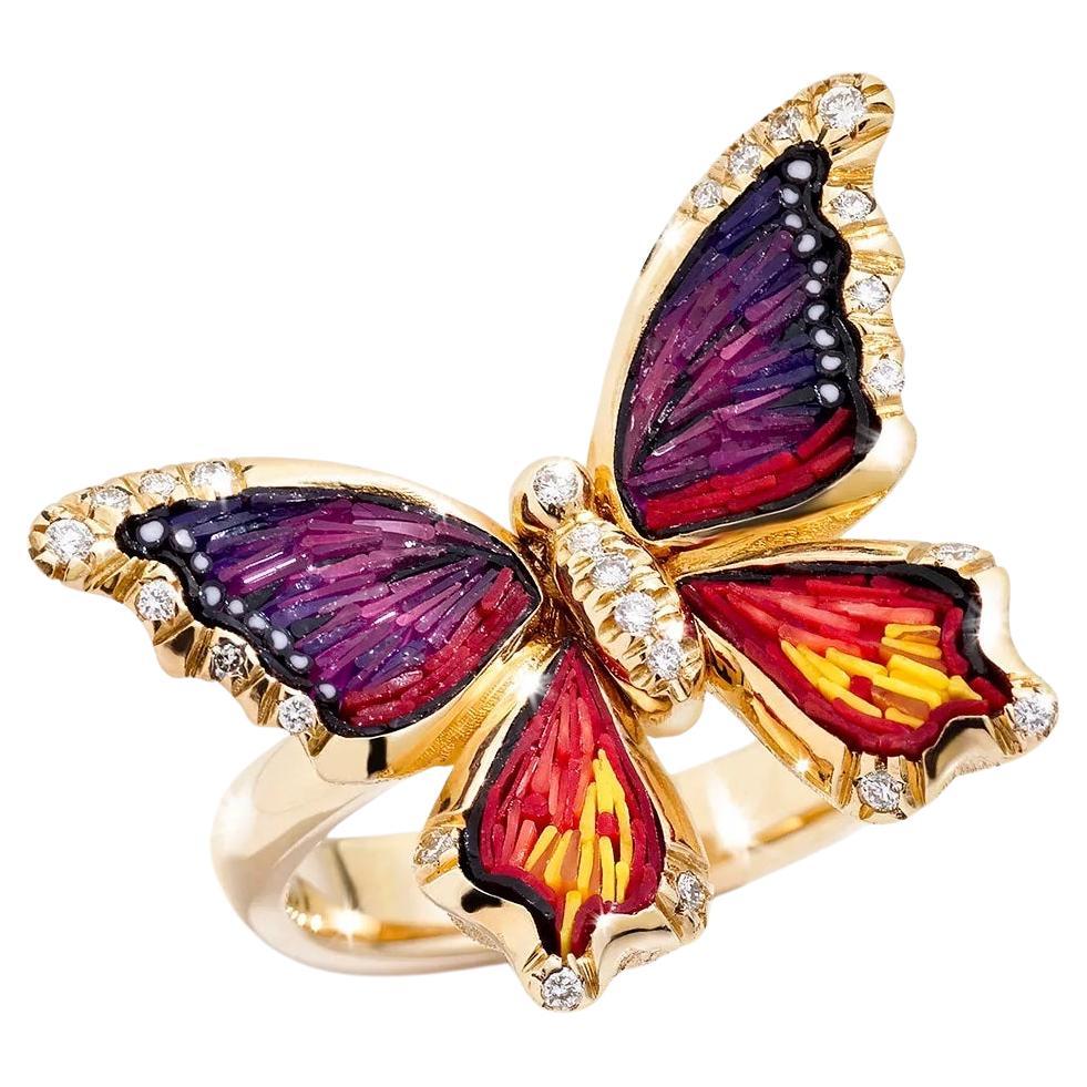 Schmetterlingsring aus Gelbgold mit weißen Diamanten, von Hand verziert mit Mikromosaik 