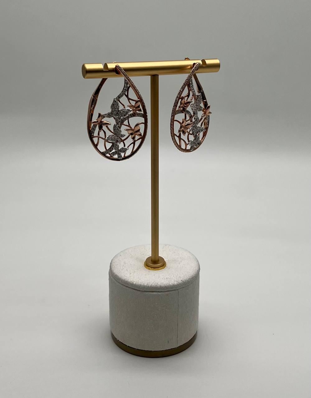 Butterfly Romance Floral Motifs Diamonds 14K Yellow Gold Drop Statement Earrings In New Condition For Sale In Oakton, VA