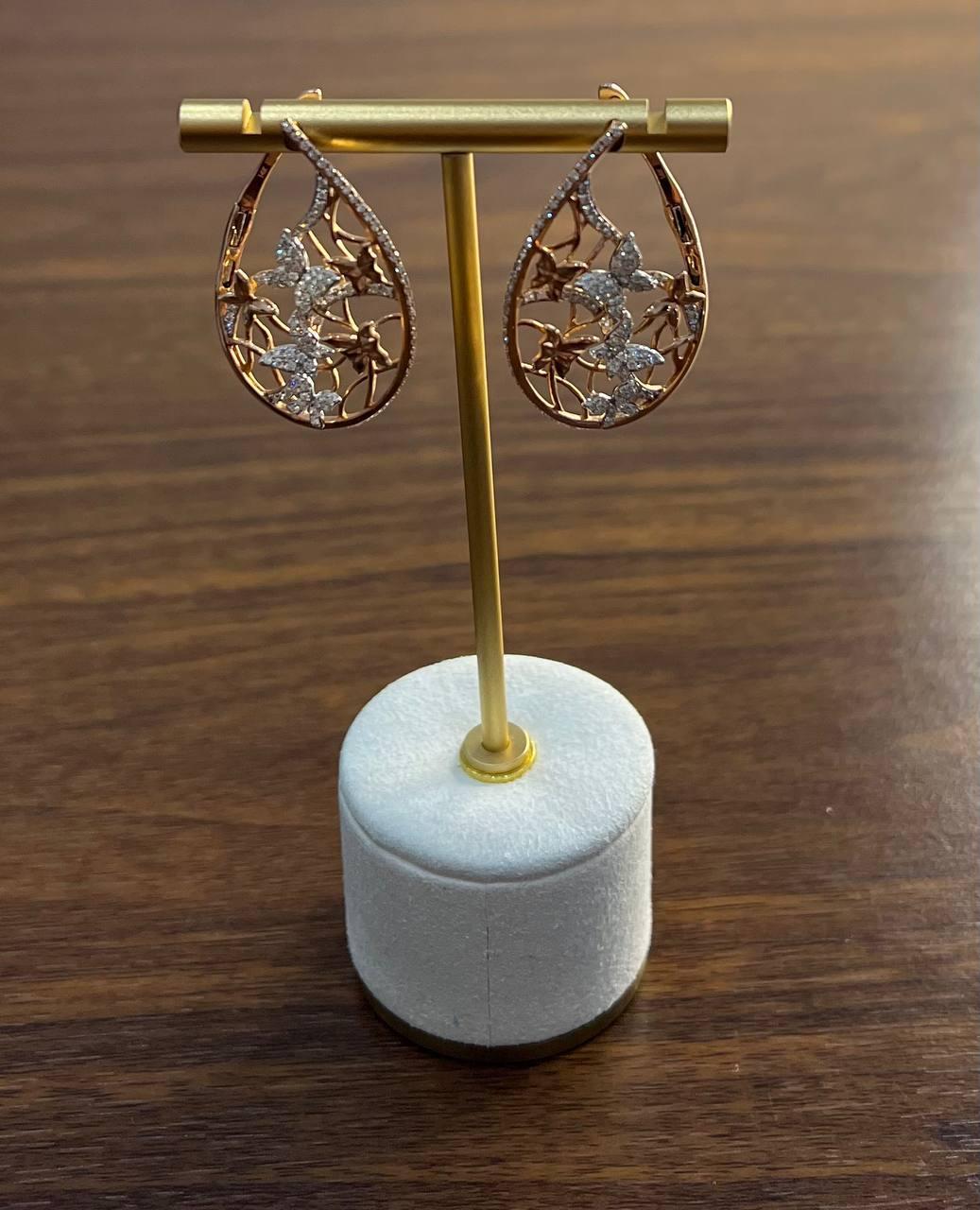 Butterfly Romance Floral Motifs Diamonds 14K Yellow Gold Drop Statement Earrings For Sale 1