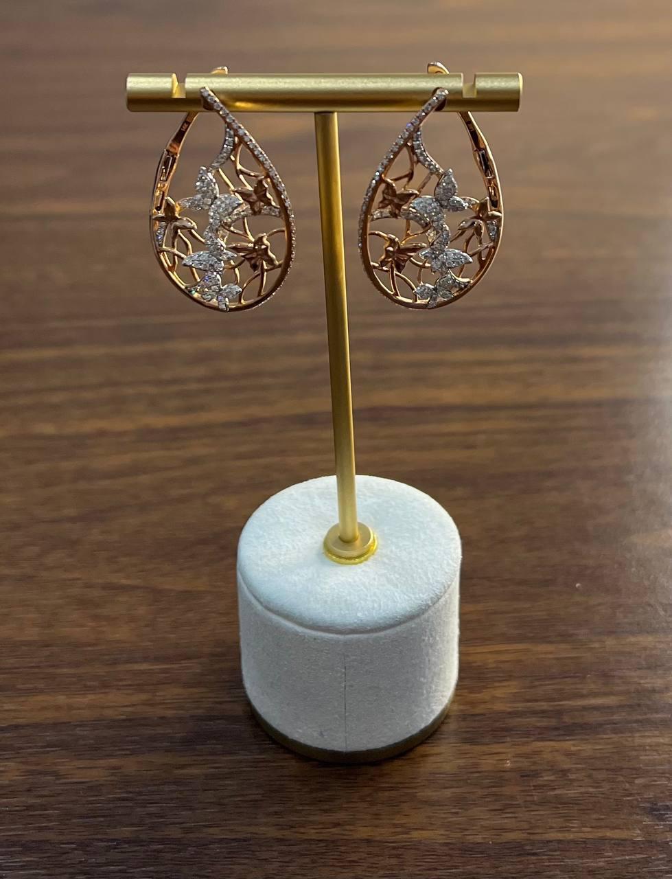 Butterfly Romance Floral Motifs Diamonds 14K Yellow Gold Drop Statement Earrings For Sale 4