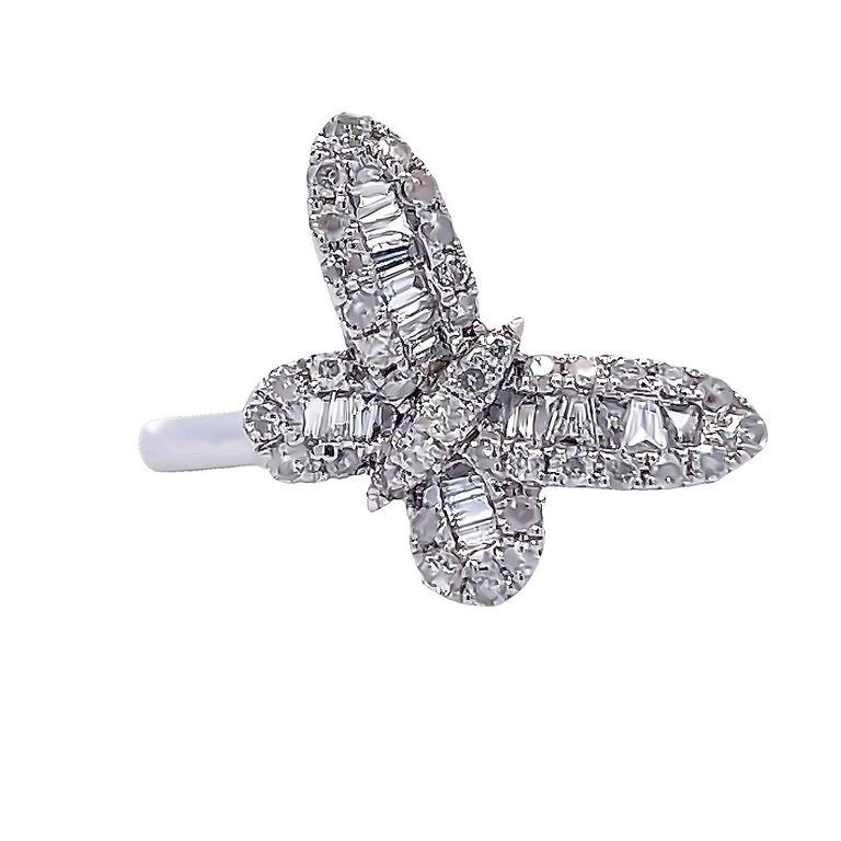 Modern Butterfly Round & Baguette Diamond 0.75 Carat Fashion Ring in 14k White Gold For Sale
