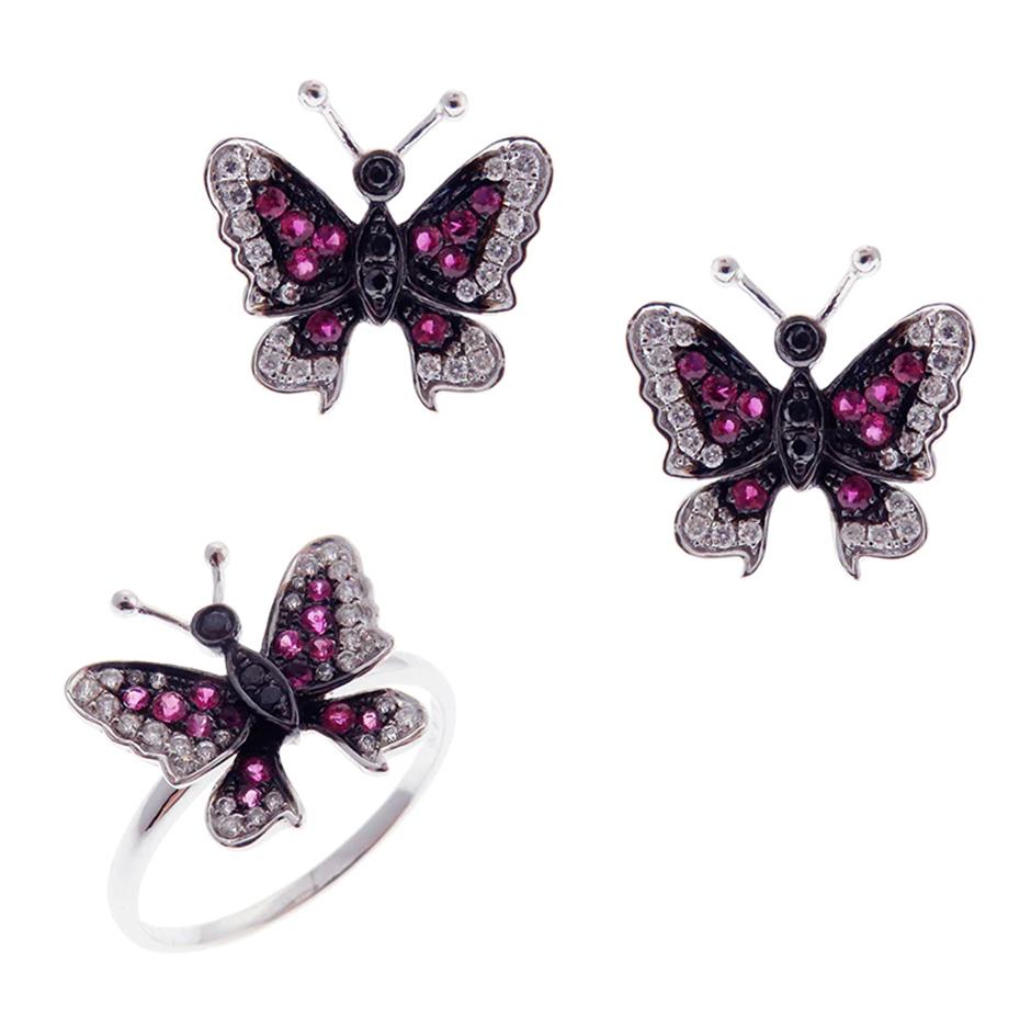 Small butterfly ruby earring and ring set, all with a high polish finish. Available in 18K White Gold. 

Earring Information 
Diamond Type : Natural Diamond
Metal : 18K
Metal Color : White Gold
Diamond Carat Weight : 0.24ttcw
Rubies Carat Weight :