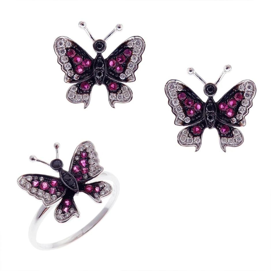 Schmetterling-Rubin-Ohrring-Ring-Set im Angebot 2