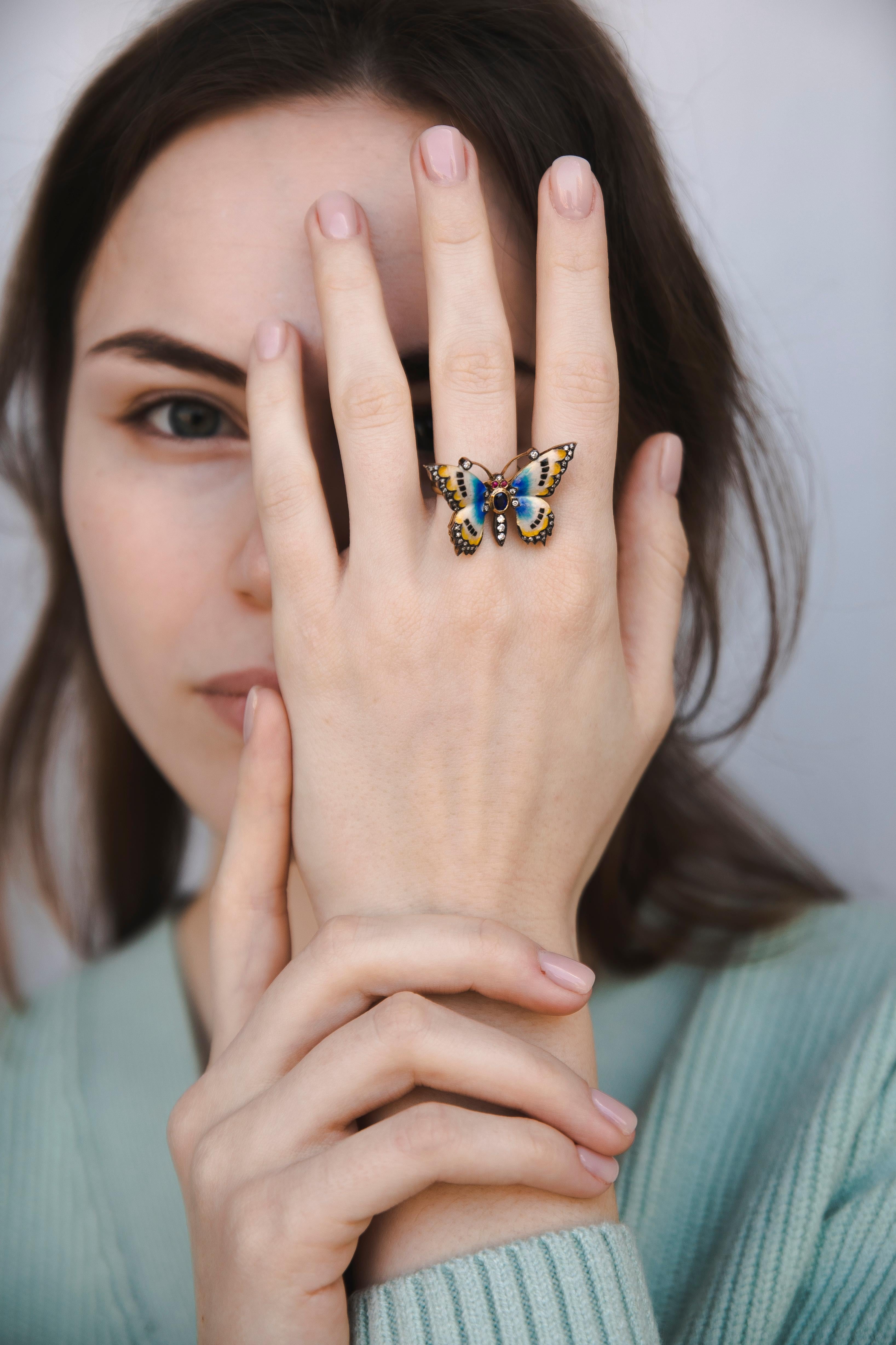 Bague papillon en saphir, diamants et émail de couleur, 1950 en vente 7