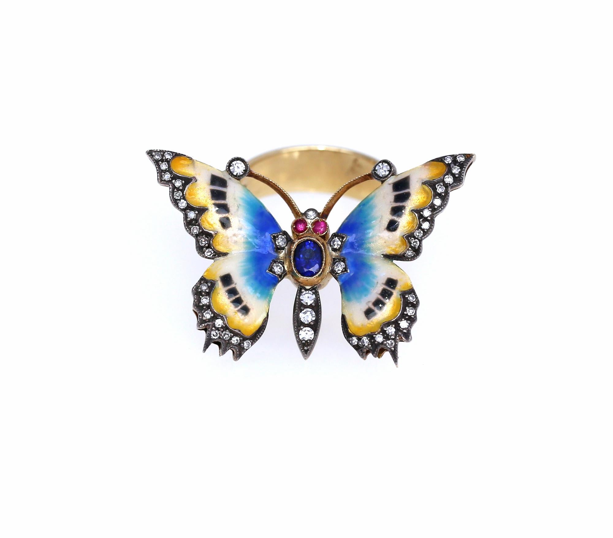 Taille ronde Bague papillon en saphir, diamants et émail de couleur, 1950 en vente