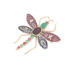 Butterfly Sapphires Ruby Emeralds Diamonds 14 Karat Yellow Gold Brooch