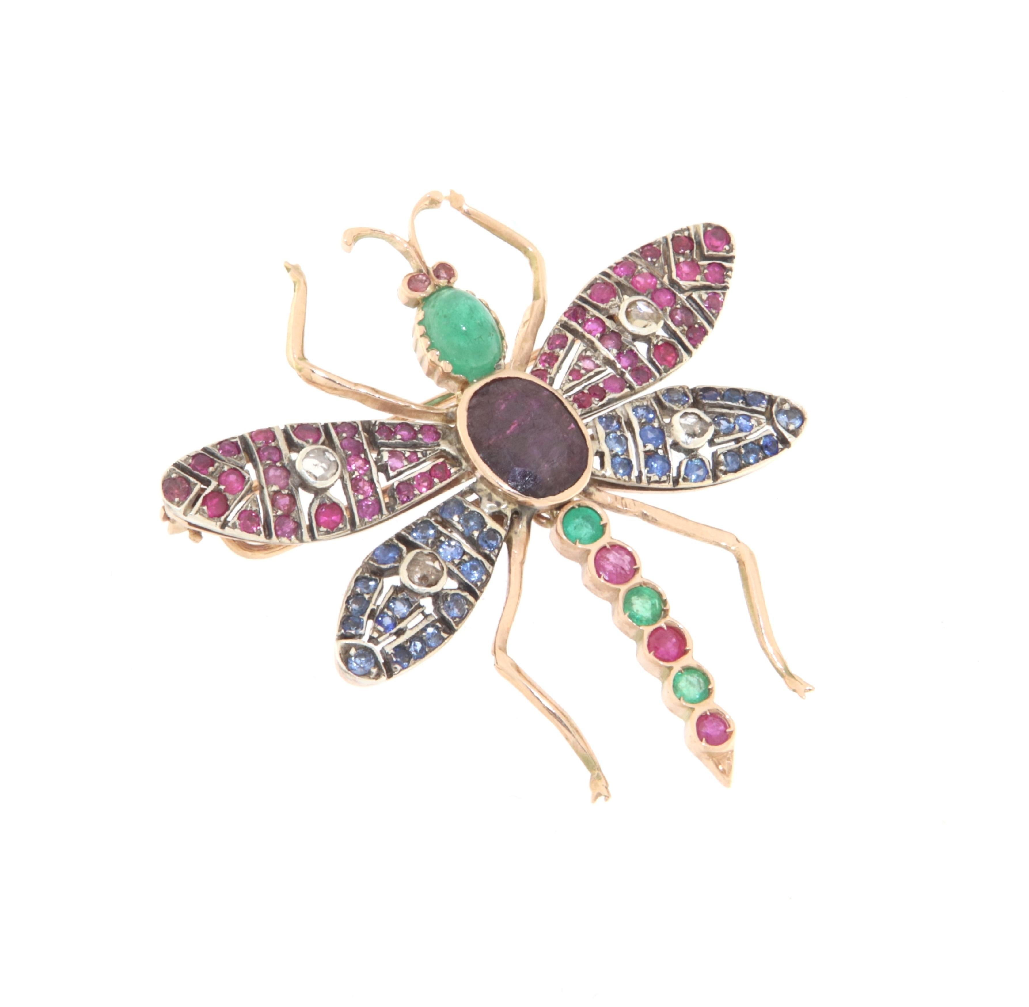 Artisan Butterfly Sapphires Ruby Emeralds Diamonds 14 Karat Yellow Gold Brooch For Sale