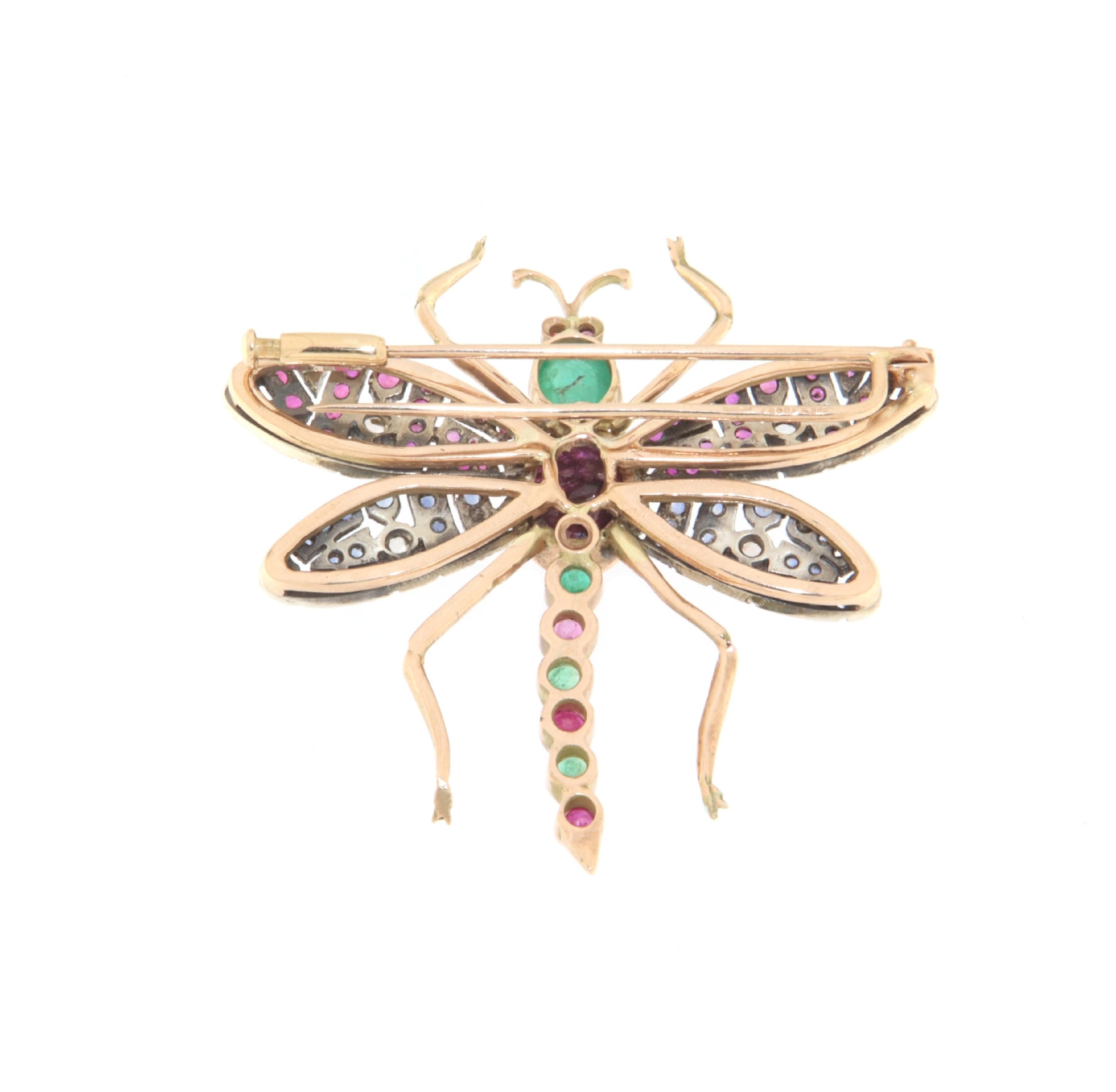 Round Cut Butterfly Sapphires Ruby Emeralds Diamonds 14 Karat Yellow Gold Brooch For Sale