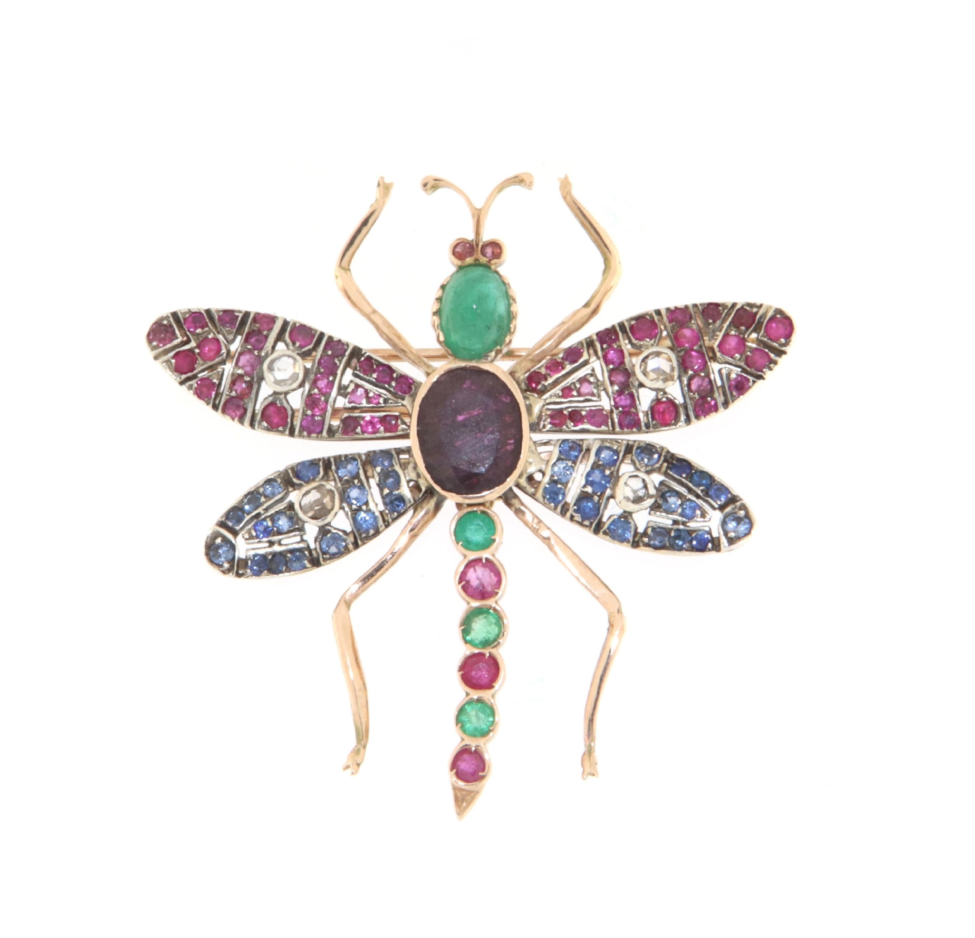Women's Butterfly Sapphires Ruby Emeralds Diamonds 14 Karat Yellow Gold Brooch For Sale
