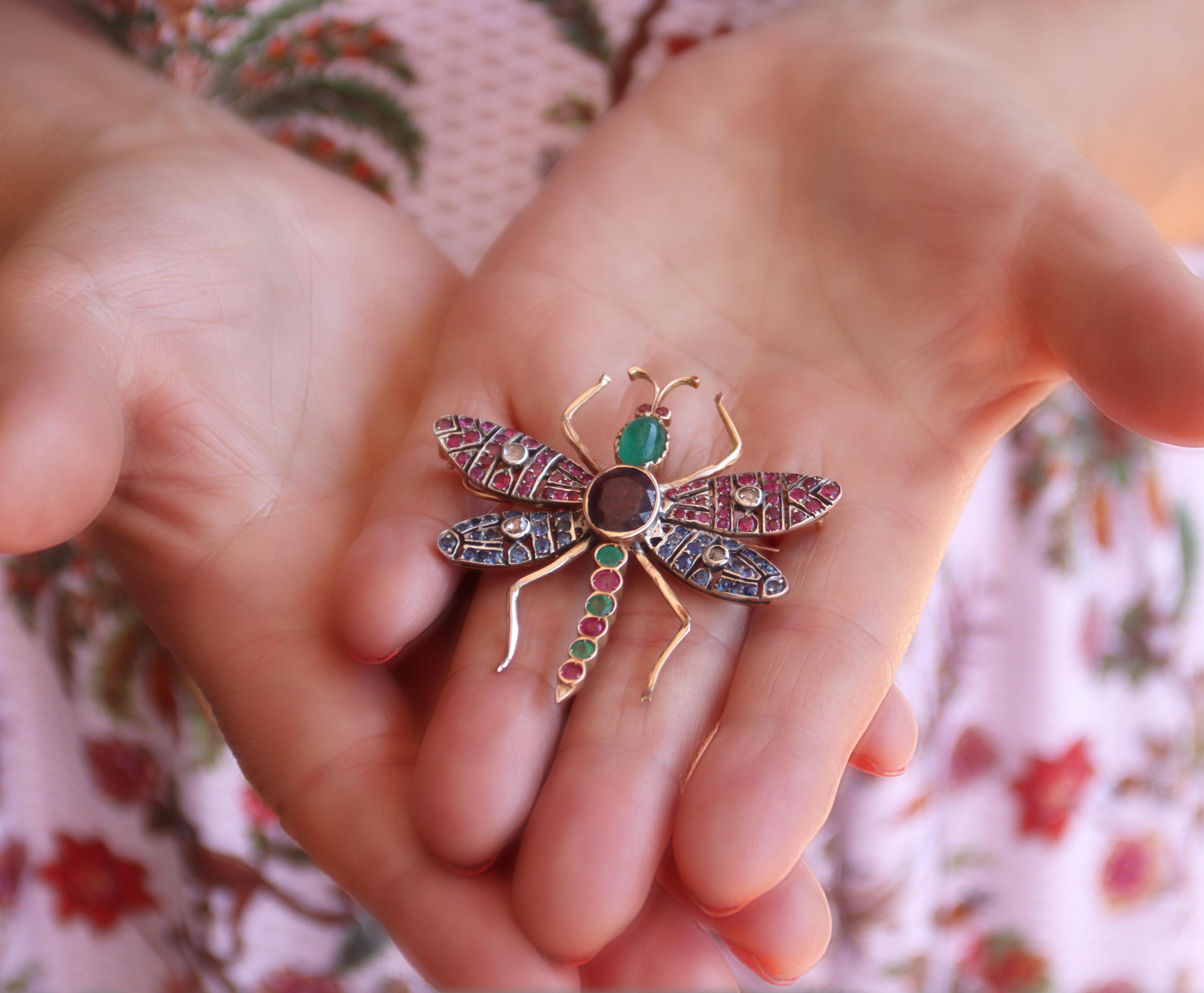 Butterfly Sapphires Ruby Emeralds Diamonds 14 Karat Yellow Gold Brooch For Sale 1