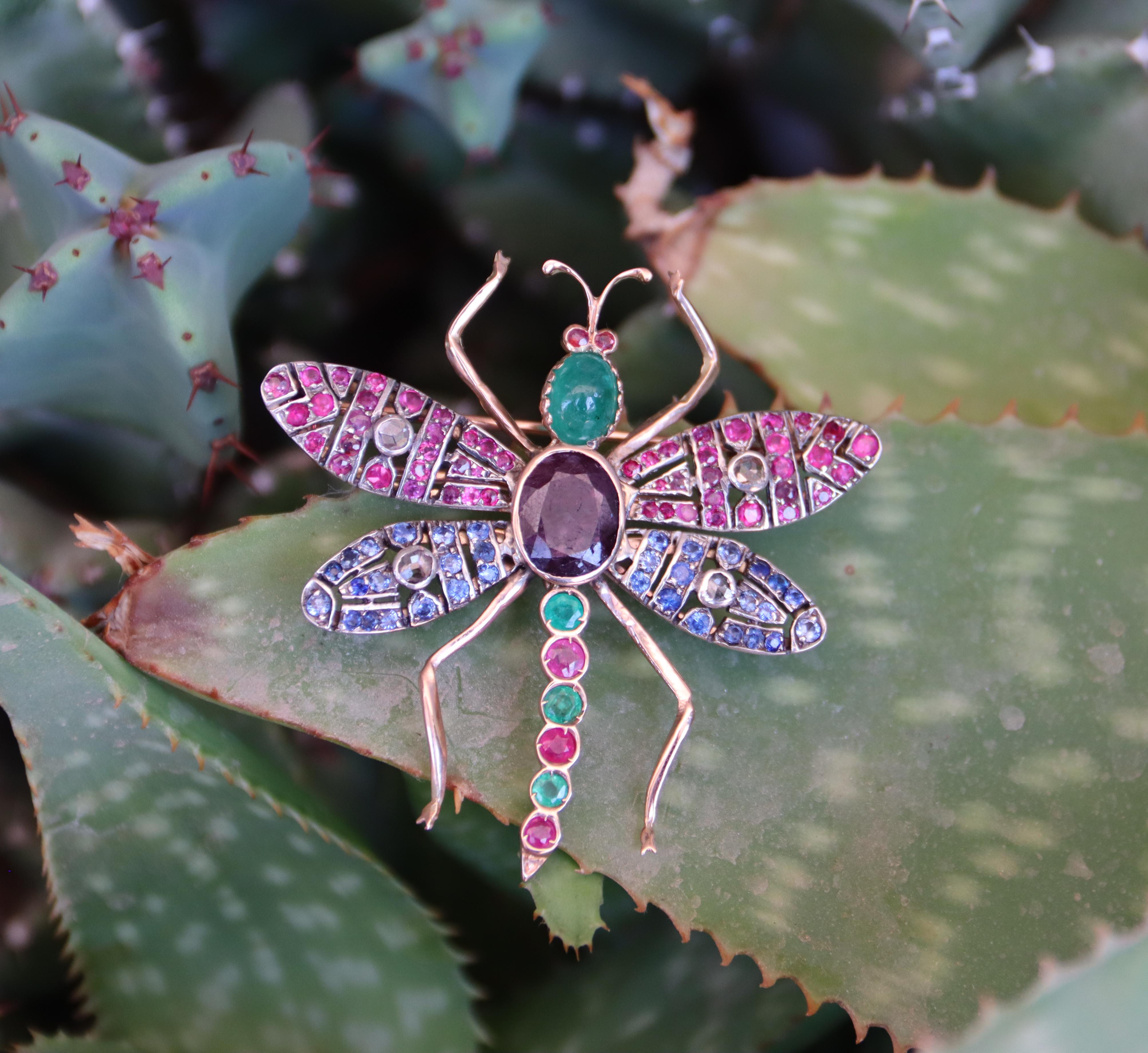 Butterfly Sapphires Ruby Emeralds Diamonds 14 Karat Yellow Gold Brooch For Sale 2