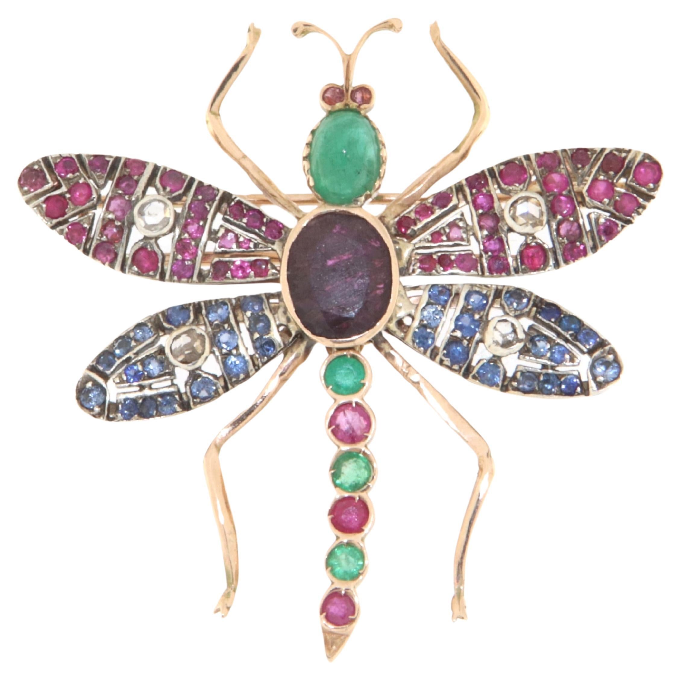Broche Mariposa Zafiros Rubí Esmeraldas Diamantes Oro Amarillo 14 Kilates