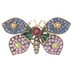 Butterfly Sapphires Ruby Peridot Citrine Diamonds 14 Karat Yellow Gold Brooch