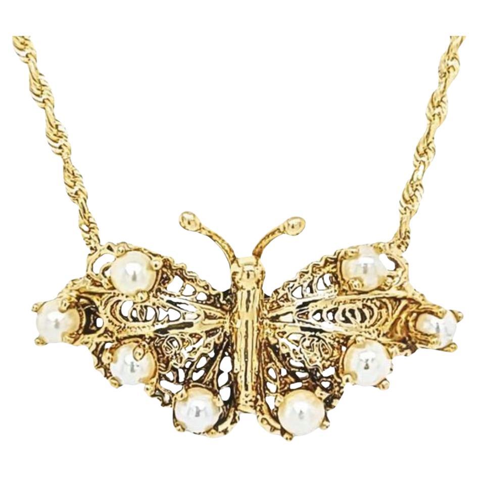 Butterfly Seed Pearl Pendant Necklace in Yellow Gold For Sale