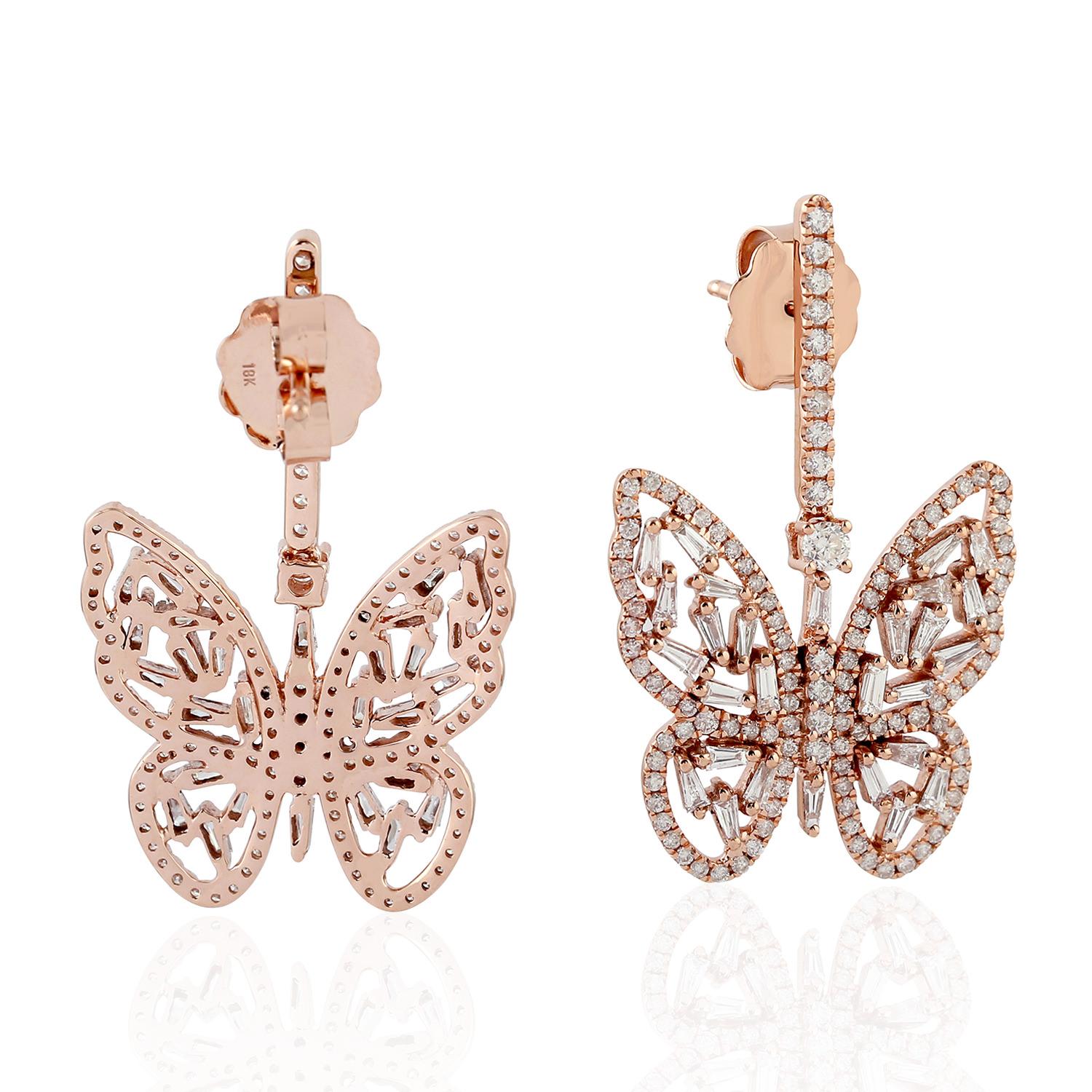Art Deco Butterfly Shaped 18k Rose Gold Dangle Earrings Set In Diamonds For Sale
