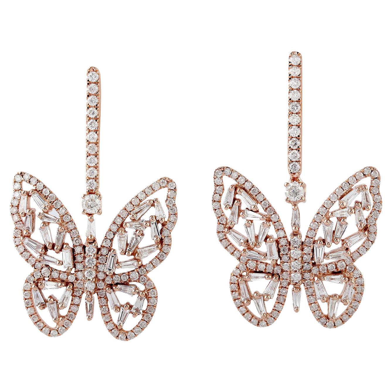 Butterfly Shaped 18k Rose Gold Dangle Earrings Set In Diamonds