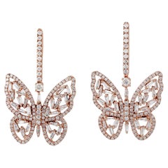 Butterfly Shaped 18k Rose Gold Dangle Earrings Set In Diamonds